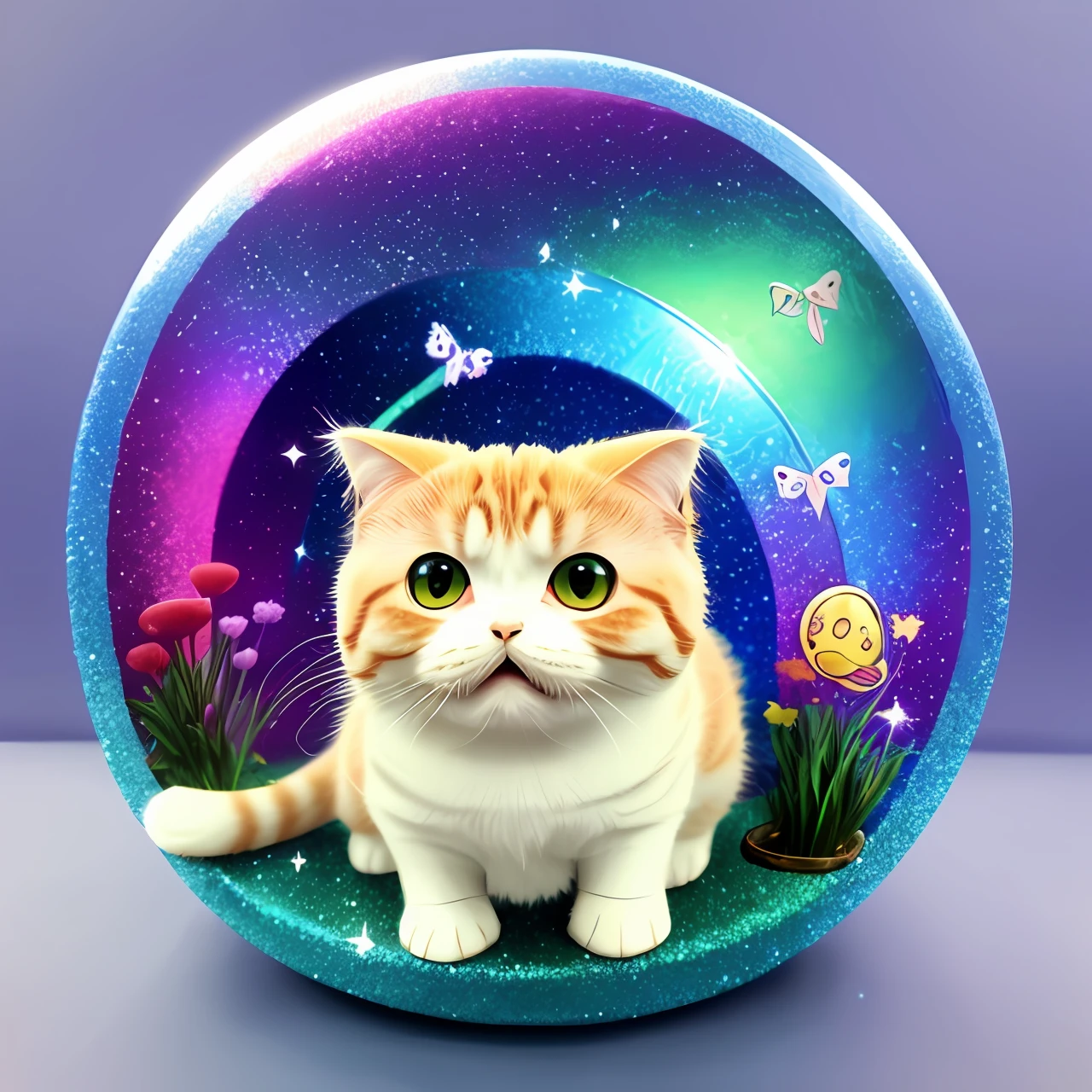 Dome Universe One Scottish Fold Cat Face Cute Anime Art Fantasy Rainbow Glitter Cat's mouth is open like a cute beautiful design