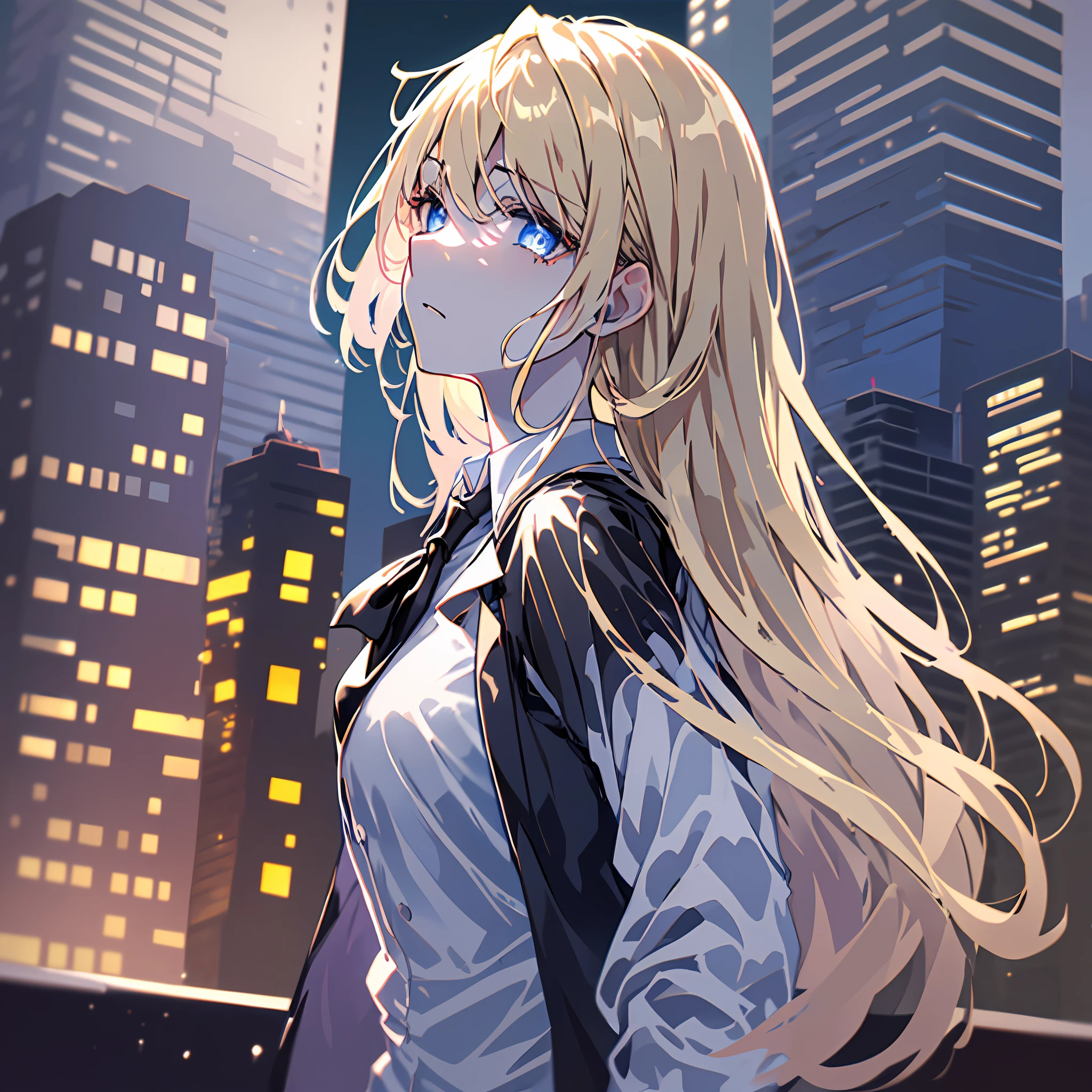 1female, adult woman, black suit, white dress shirt, slacks, (blonde hair), (blue eyes), (((emotionless))), cinematic angle, cowboy shot, dramatic lighting, ((kuudere)), (neutral expression), night, city in background, solo, black tie, beautiful detailed glow, fluttering clothes
