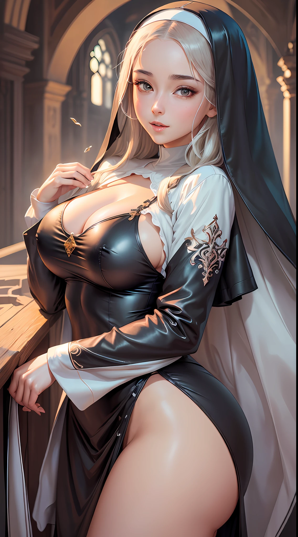 SFW, (high resolution artwork, best quality and detailing, character illustration), a breathtakingly beautiful nun with serene expression and expressive eyes,large breasts, slime hips, long hair, radiating a sense of peace and serenity