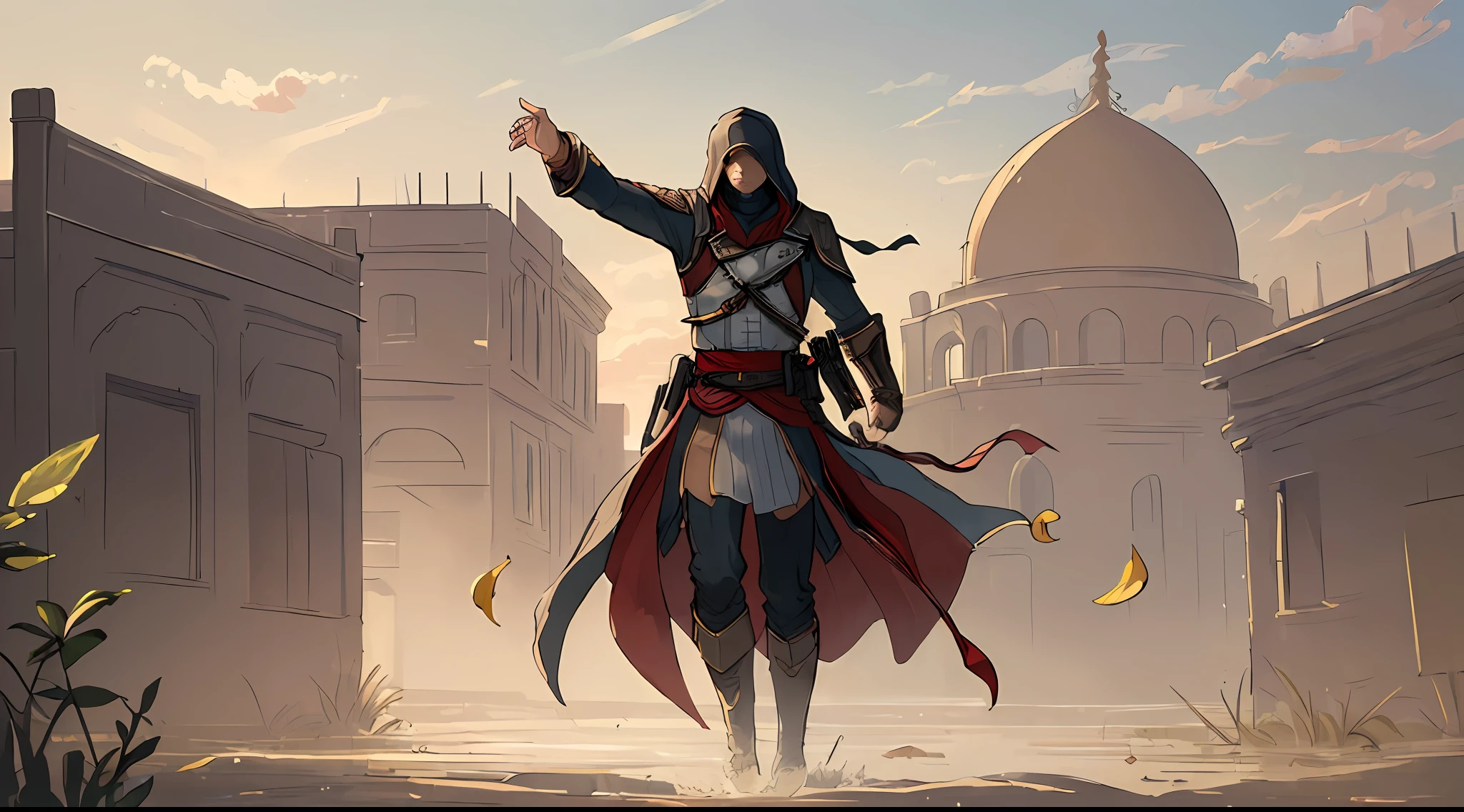 (((8k, best quality, masterpiece:1.4)))), high quality, best illustration, ultra high resolution, ultra-detailed, illustration, (extremely wide shot), (((solo))), an assassin of Assassin's Creed Mirage, in Baghdad, 19th century, action scene, best brightness, crowd, deformed clouds, (male anatomy), soft light, setting with dust in the visible air, leaves in the wind, intricate details.