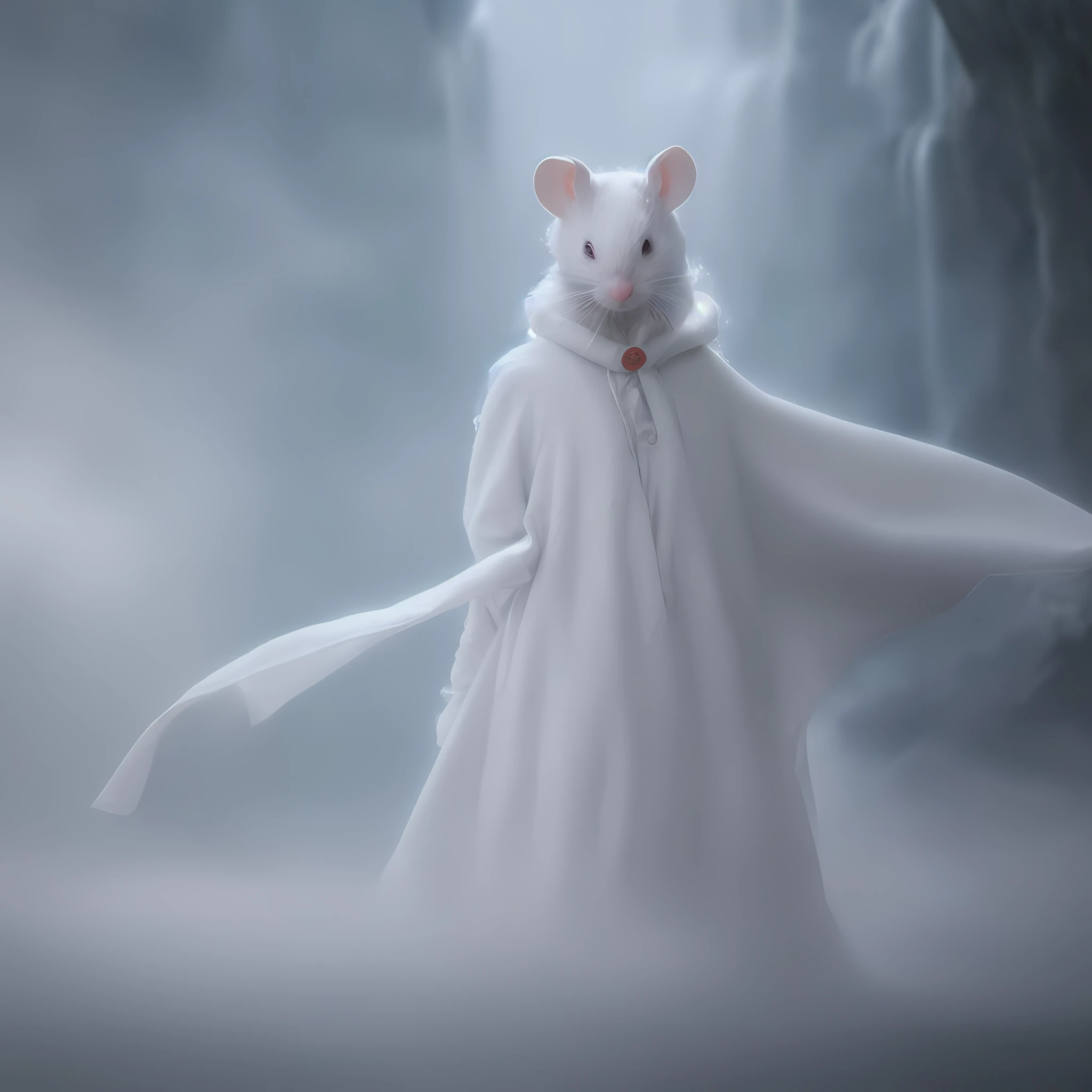 RAW photo, humanoid, a white mouse, wearing white robe, full body, front, portrait, real world, highest quality, DSLR, fixed focus, contour light, cold tone, waterfall background, splash, Tyndall effect, cold light source, large contrast, large depth of field,