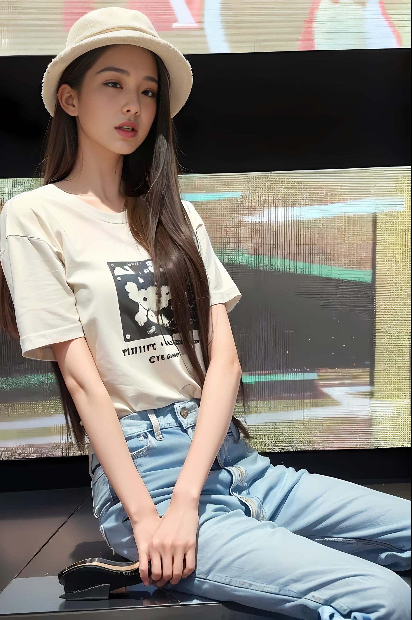 ((1girl), Zhang Yuanying, realistic, slender legs, (behind arms), pretty fingers, denim, T-shirt, high heels, brown hair, brown eyes, long hair, jeans, khaki hat, lips, looking at the audience, solo)