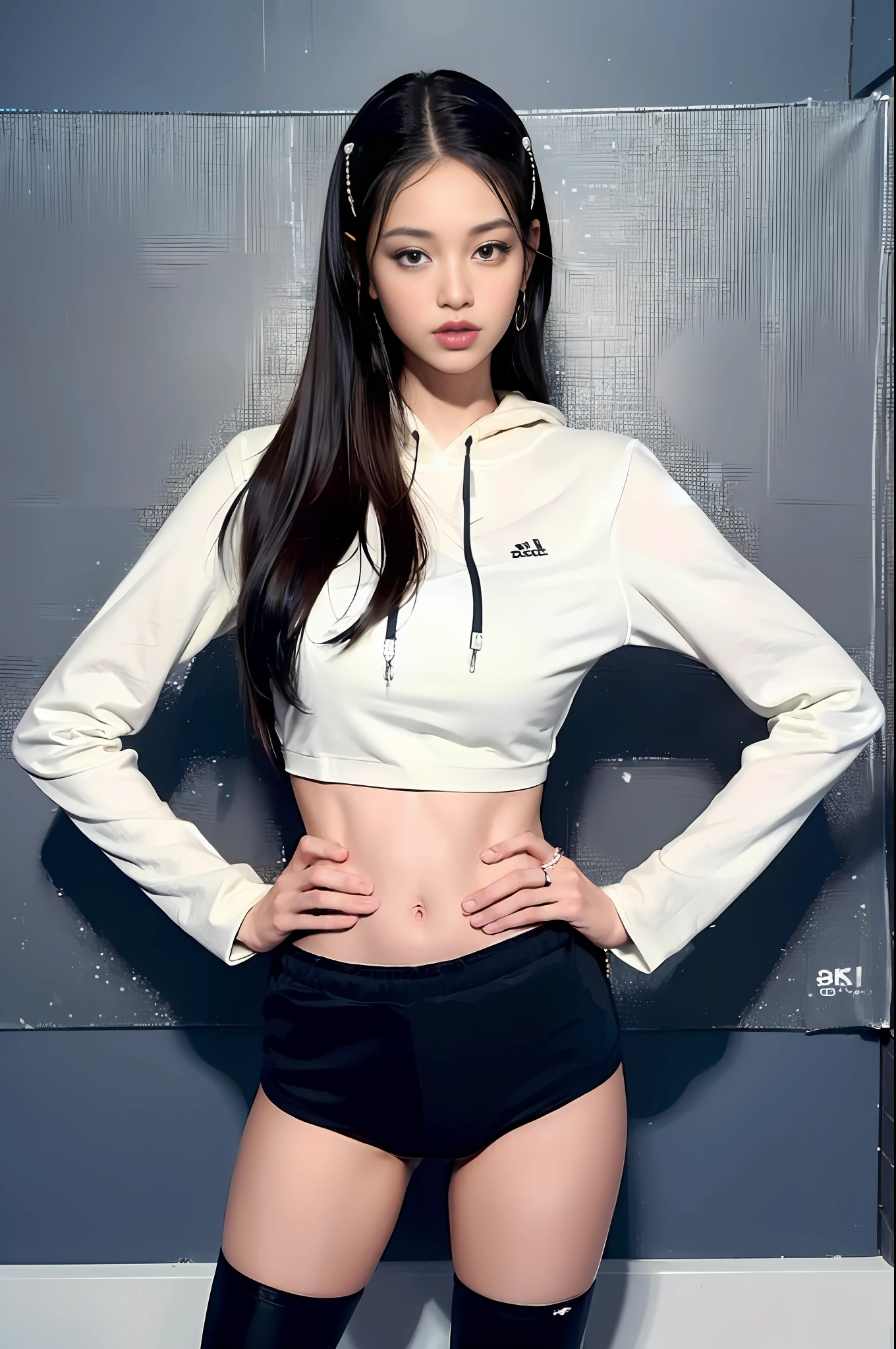 ((Best quality, 8k, Masterpiece :1.3)), Fashion photography, A tall and pretty woman, Perfect figure :1.4, Slender abs, Dark brown hair, Big breasts, Crop top covered by open hoodie, Pants, Sneakers, Graffiti art on wall, Highly detailed face and skin texture, Detailed eyes, Double eyelid