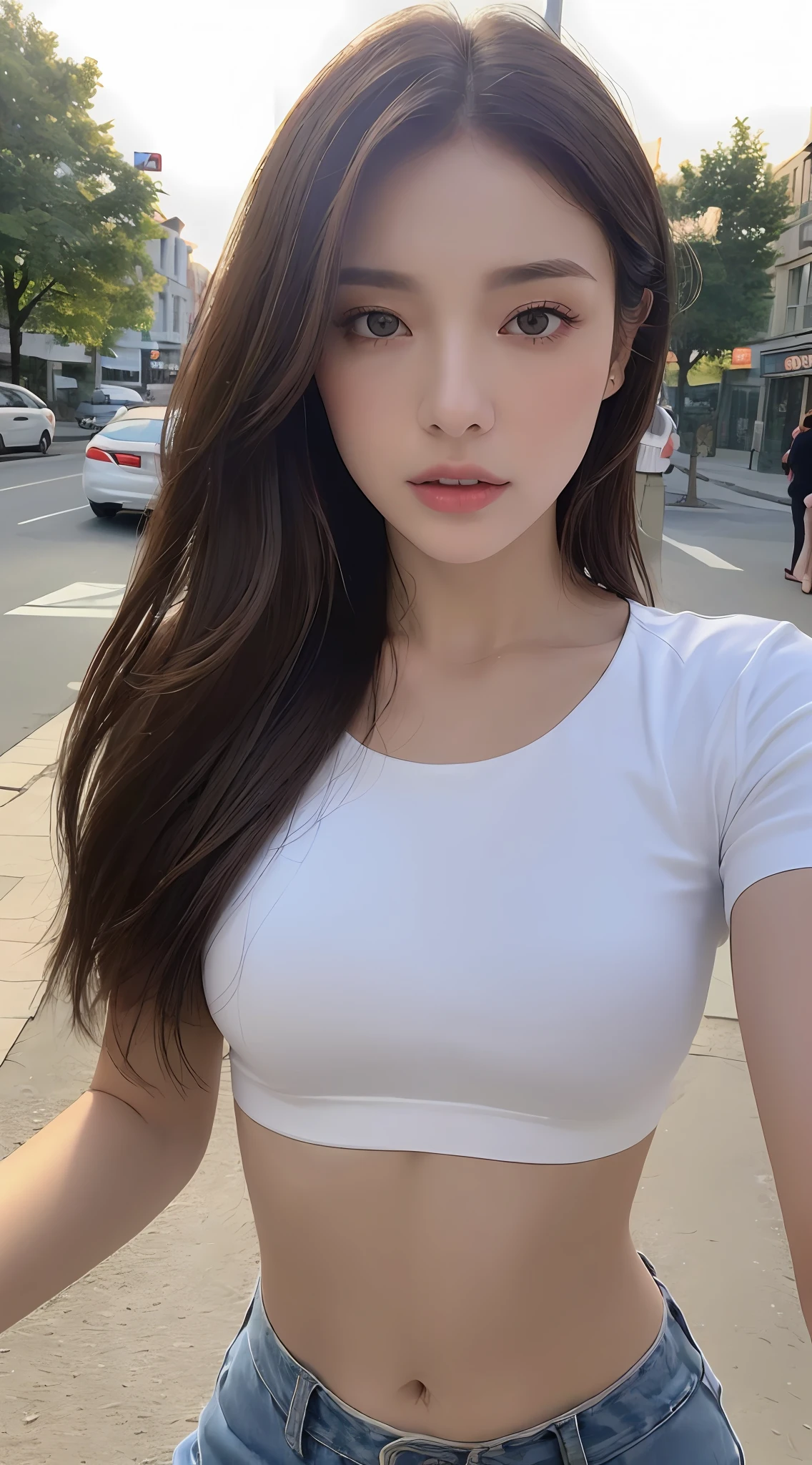 ((Realistic lighting, Best quality, 8K, Masterpiece: 1.3)), Clear focus: 1.2, 1girl, Perfect Figure: 1.4, Slim Abs: 1.1, ((Dark brown hair)), (White crop top: 1.4), (Outdoor, Night: 1.1), City streets, Super fine face, Fine eyes, Double eyelids,