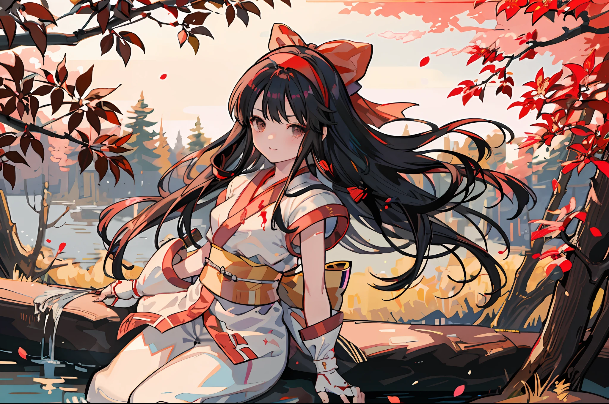 masterpiece, best quality,1girl, red bow, bow, long hair, hair bow, ainu clothes, solo, hairband, black hair, fingerless gloves, short sleeves, gloves, sash, pants, bangs, red hairband, weapon, breasts, brown eyes, white pants, japanese clothes, nakoruru, light smile, officials art, good composition,m, detailed portrait, portrait, bokeh, forest with river, sun behind back, pencil style, traditional brush, samurai, onmyoji style, high resolution, dramatic lighting and shadow, sun flared, blurry foreground, blood plashing around, looking at viewer, hands behind back, arms behind, hands not in view