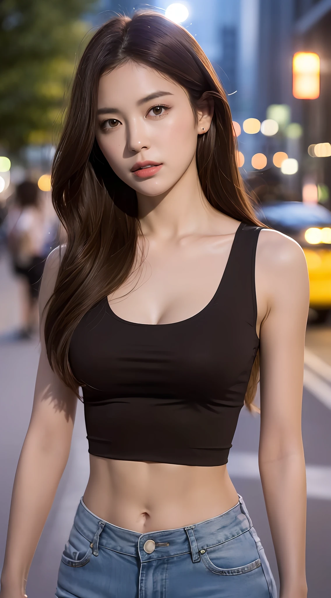 ((Realistic lighting, Best quality, 8K, Masterpiece: 1.3)), Clear focus: 1.2, 1girl, Perfect Figure: 1.4, Slim Abs: 1.1, ((Dark brown hair)), (White crop top: 1.4), (Outdoor, Night: 1.1), City streets, Super fine face, Fine eyes, Double eyelids,