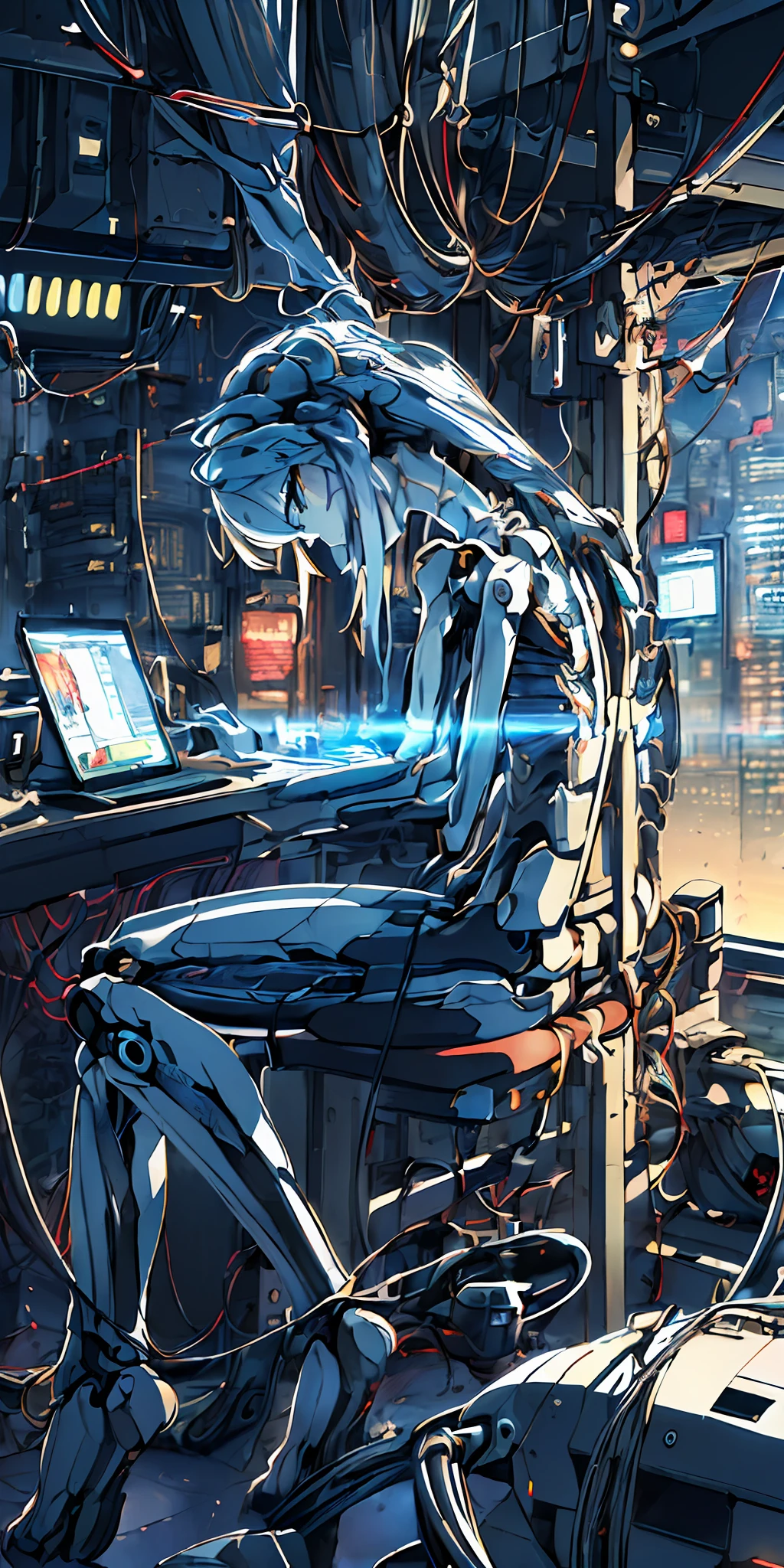 (((masterpiece))), (((best quality))), ((ultra-detailed)), (highly detailed CG illustration), ((an extremely delicate and beautiful one)), (sideways), cinematic light, ((1 mechanical girl)), solo, full body, (machine-made joints: 1.2), ((mechanical limbs)), (blood vessels connected to tubes), (mechanical vertebra attaching to the back), ((mechanical cervial attaching to the neck)), (sitting), expressionless, (wires and cables attaching to the neck: 1.2), (wires and wires in the head: 1.2) (character focus), science fiction, extreme details, colorful, the most detailed COLORED CABLES A CONTROL PANEL WITH HUNDREDS OF HUMANS USED AS A POWER SOURCE CHAINED HEAD IN THE BACKGROUND A PERCENTAGE OF TRASHMETAL