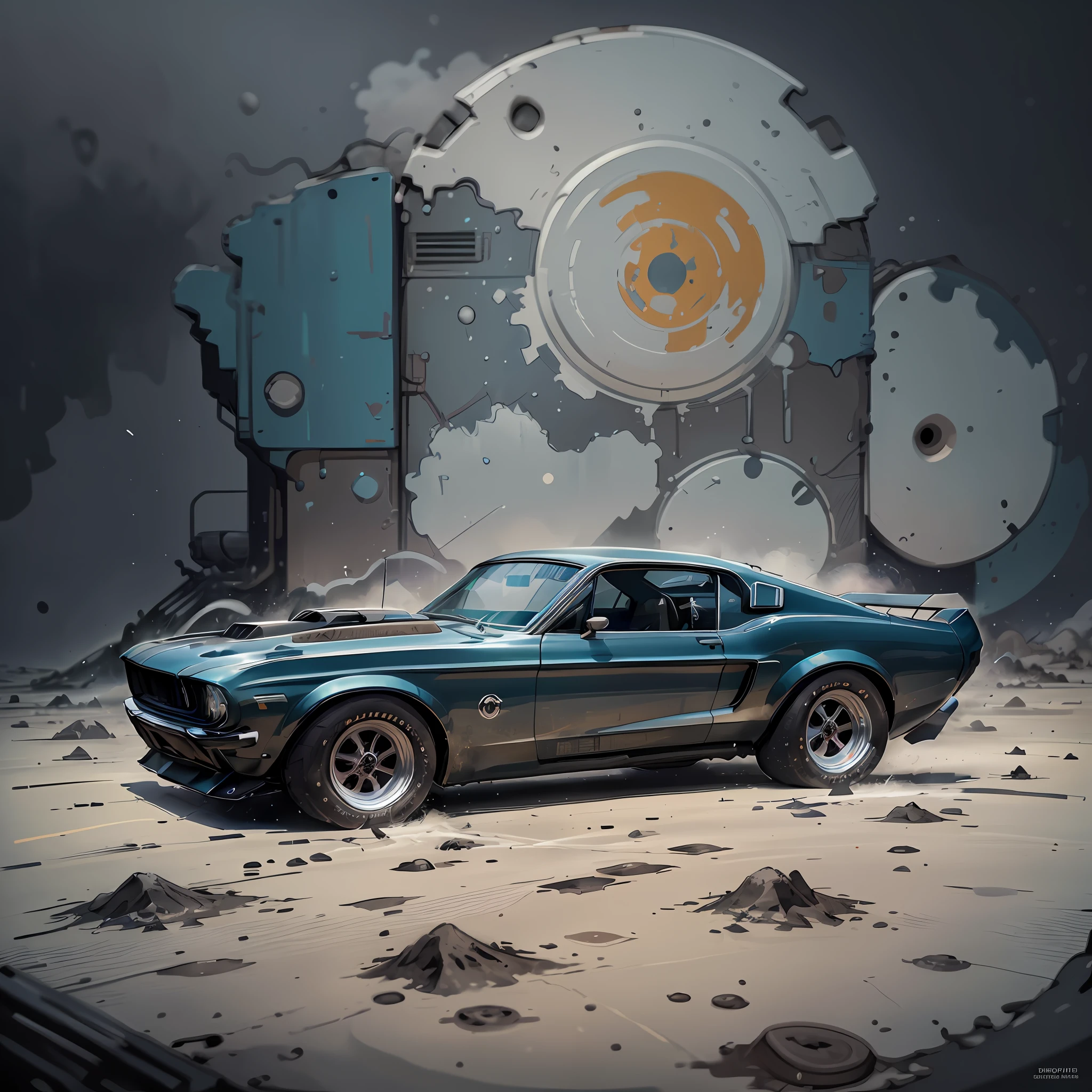 graphic design, flat design, 1968 ford mustang black shelby, drifting on the moon. watercolor splashes, highly detailed clean, photorealistic masterpiece, professional photography, realistic car, Watercolor abstract background, isometric, vibrant color vector