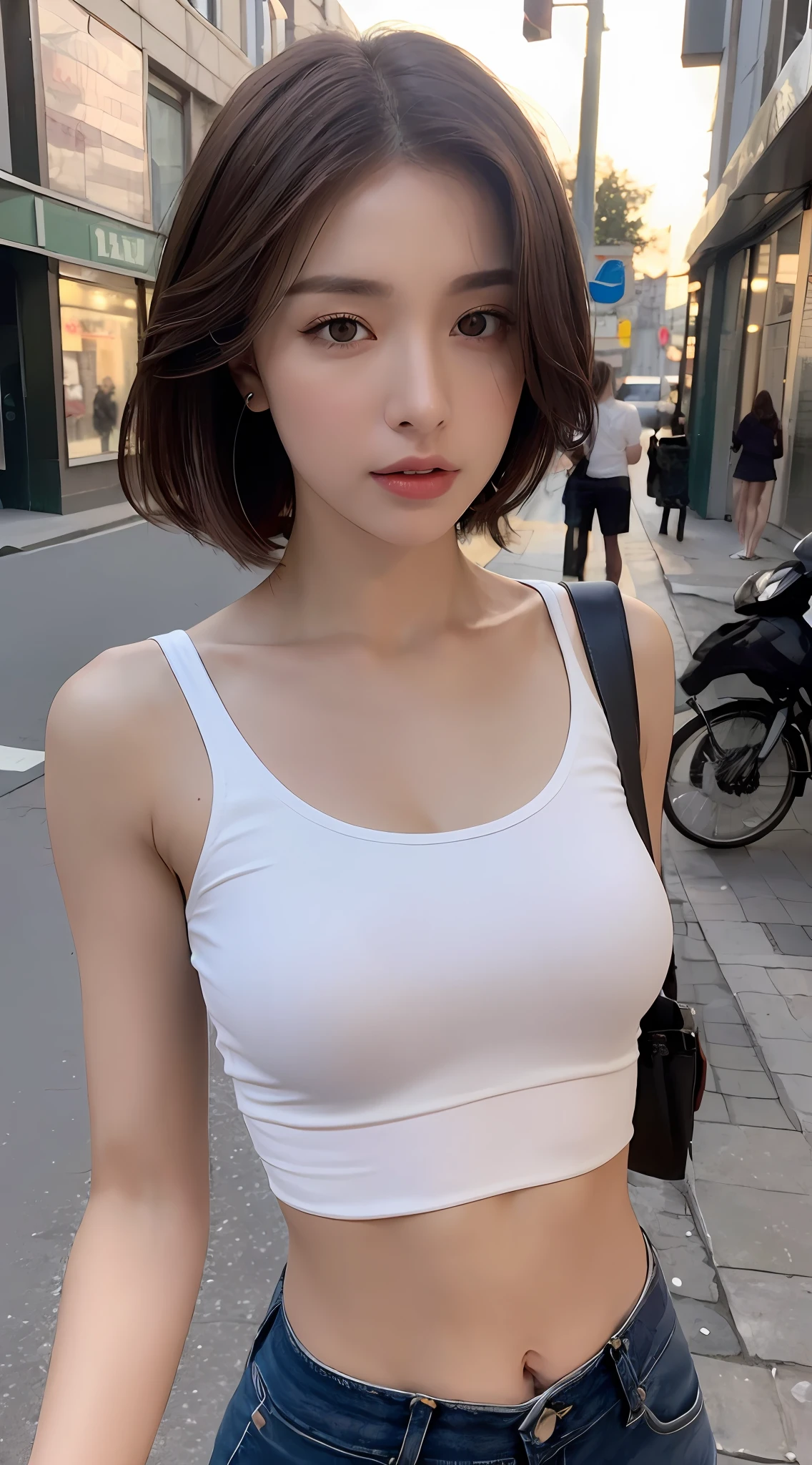 ((Realistic lighting, Best quality, 8K, Masterpiece: 1.3)), Clear focus: 1.2, 1girl, Perfect Figure: 1.4, Slim Abs: 1.1, ((Dark brown hair)), (White crop top: 1.4), (Outdoor, Night: 1.1), City streets, Super fine face, Fine eyes, Double eyelids,