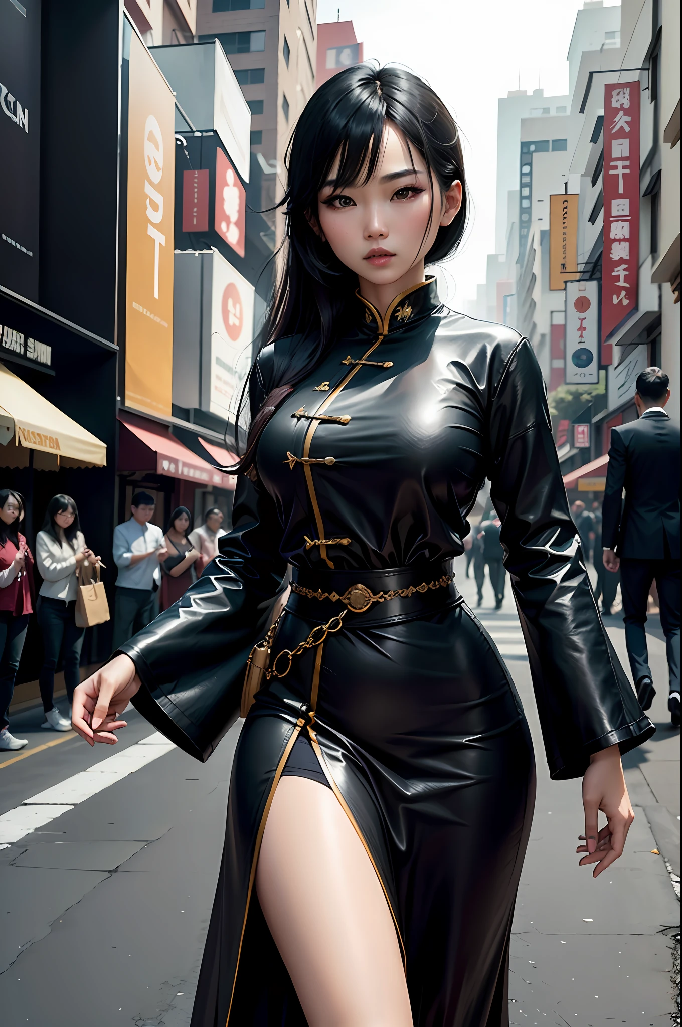 Asian woman parading in black outfit