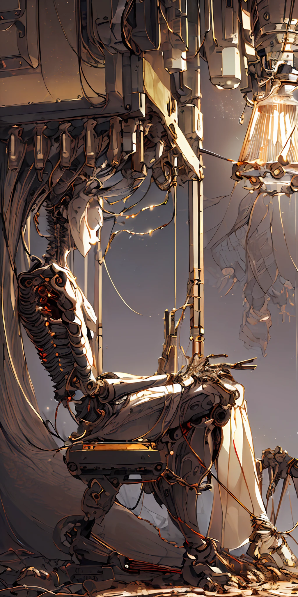 (((masterpiece))), (((best quality))), ((ultra-detailed)), (highly detailed CG illustration), ((an extremely delicate and beautiful one)), (sideways), cinematic light, ((1 mechanical girl)), solo, full body, (machine-made joints: 1.2), ((mechanical limbs)), (blood vessels connected to tubes), (mechanical vertebra attaching to the back), ((mechanical cervial attaching to the neck)), (sitting), expressionless, (wires and cables attaching to the neck: 1.2), (wires and wires in the head: 1.2) (character focus), science fiction, extreme details, colorful, the most detailed COLORED CABLES A CONTROL PANEL WITH HUNDREDS OF HUMANS USED AS A POWER SOURCE CHAINED HEAD IN THE BACKGROUND A PERCENTAGE OF TRASHMETAL