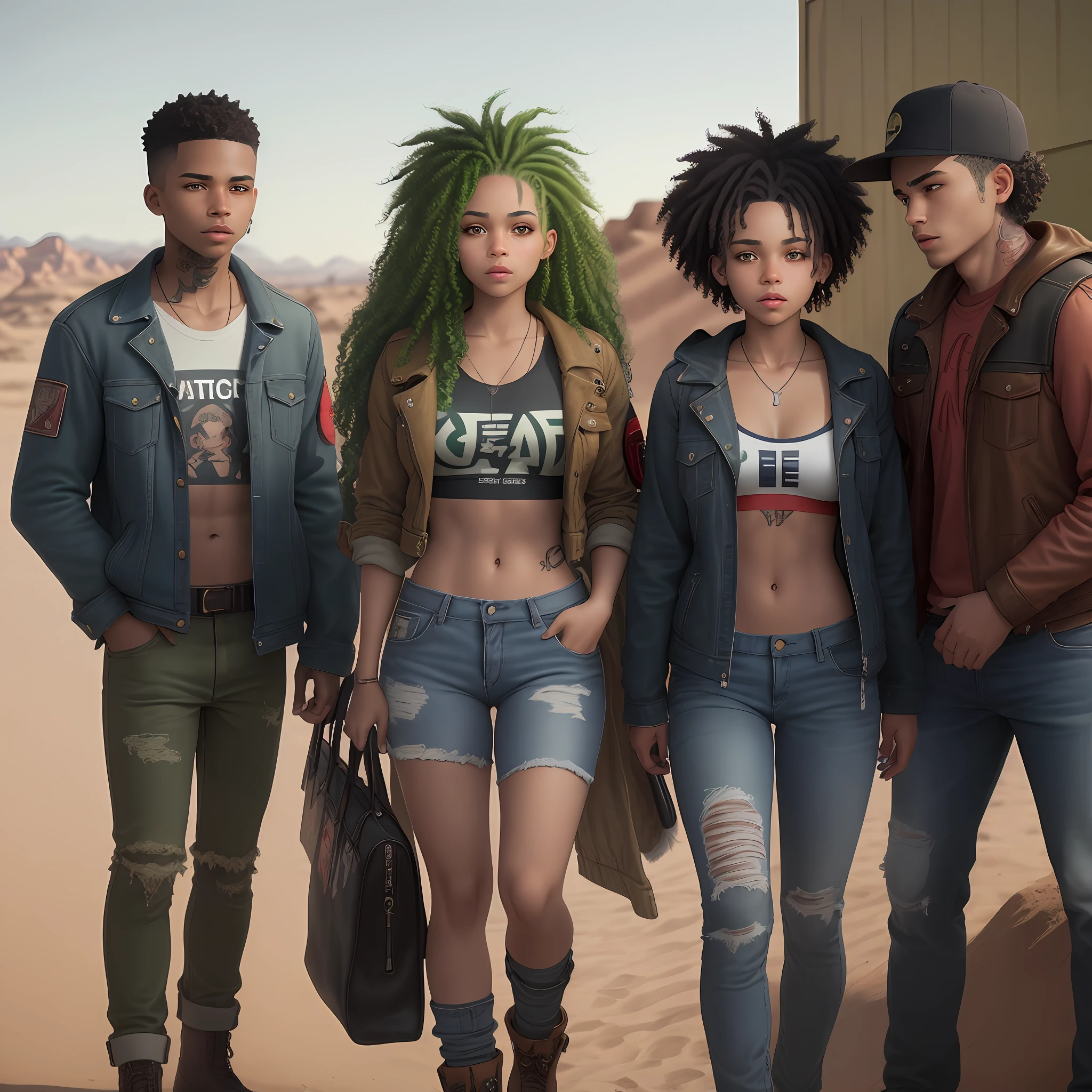 A young adult woman, with light green curly hair, mulatto skin, intense red eyes that are always tired. She wears a dirty fuzzy brown jacket, slightly ripped jeans and dirty leather shoes. In his right hand he holds an apple and in his right hand an iron brochure. On his arms are navy blue tattoos. She's in a desert in a post-apocalyptic world.