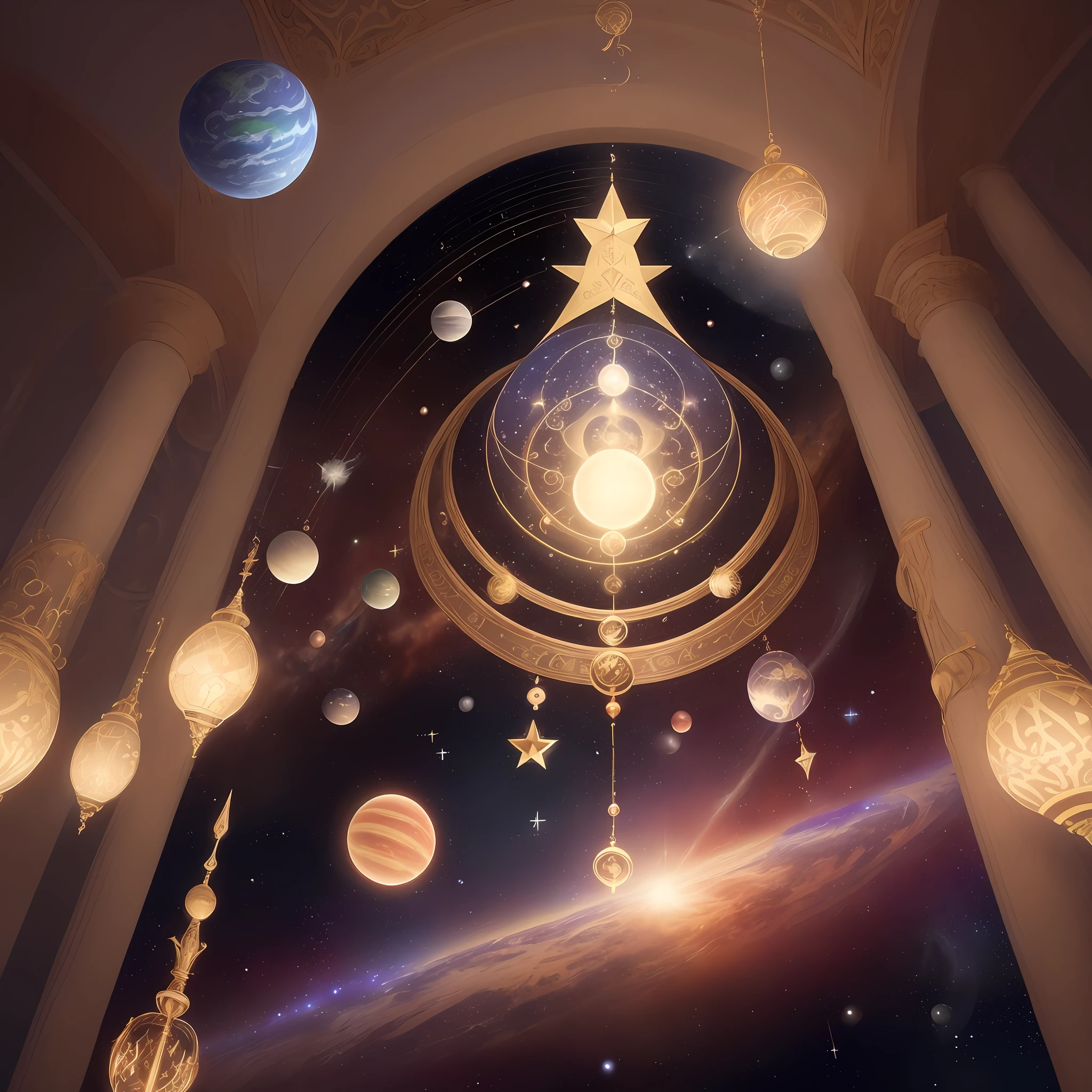a beautiful criatura from another dimention, bring the idea of all astrological symbols signs and planets, wizard image