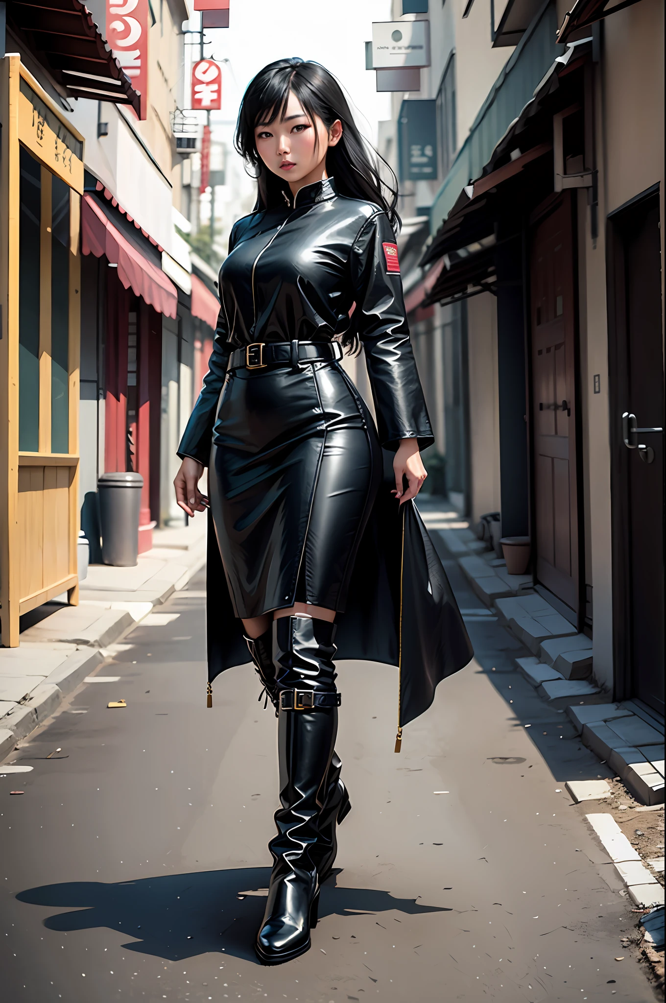 Asian woman parading in black clothes and boots