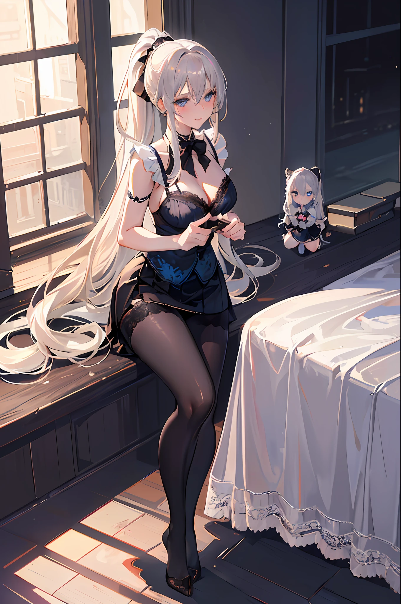 2girls,ray tracing, (dim light), [realistic] ((detailedbackground(bedroom))),(((silver hair)), (((A long disheveled silver-haired, busty yet slender girls with a high ponytail))) are in the ominous bedroom, averting their blonde eyes, ((and the girls wear intricate embroidered blackhighslitcheongsams with pantyhose and whitefurtrimelbowgloves)), as the girls sitting in quite intimate contact each other to show off their delicate svelte figures and lissome curvaceous beauties, correct limbs, nice lingerie, perfect face, blue eyes, french maid, hand up lace skirt, underskirt view, skirt, raised leg, domineering look, view between the legs, lace panties, panties visible, hands on the edges of the skirt, panties peeking out, view from the under of the skirt, lace lingerie, panty view, sexy, smile, teasing look, sissy, transgender, boy dressed as a girl