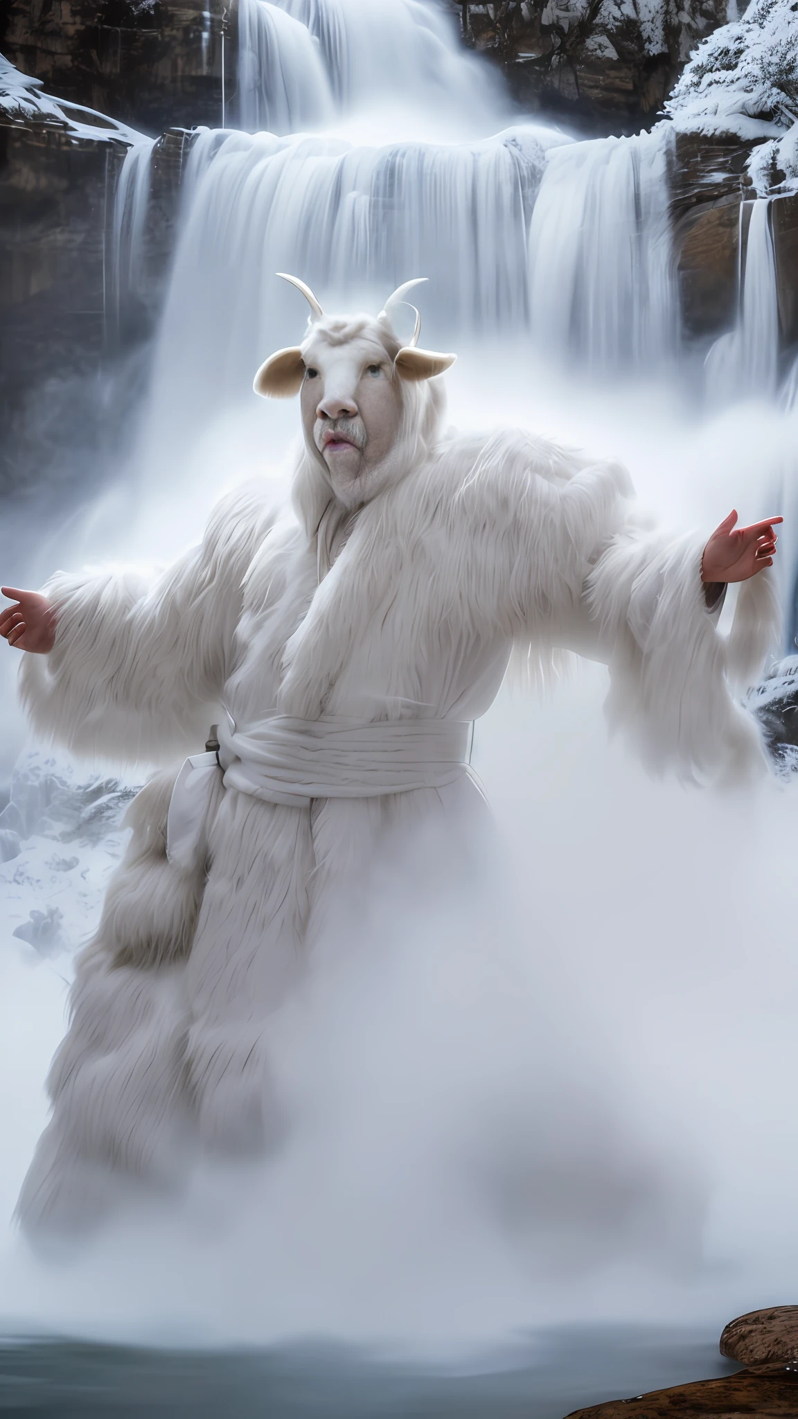 RAW photo, humanoid, a white buffalo, white robe, full body, front, portrait, real world, highest quality, DSLR, fixed focus, contour light, cold tone, waterfall background, splash, Tyndall effect, cold light source, large contrast, large depth of field,
