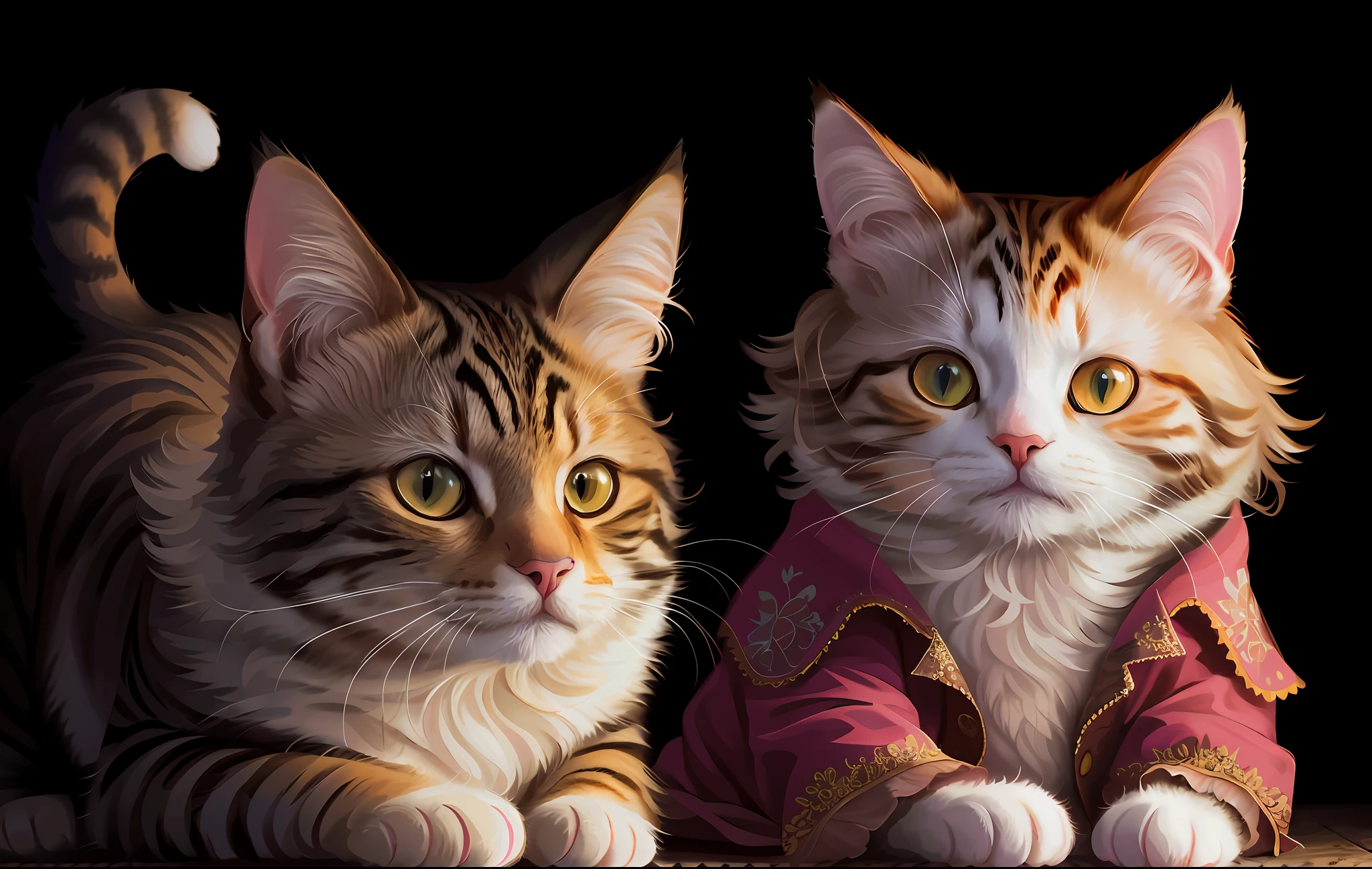 There are two cats that are sitting next to each other, lovely digital painting, beautiful detailed digital art, highly detailed digital photo, WLOP and Andrei Riabovitchev, highly detailed digital painting, Loish and WLOP, WLOP and Sakimichan, ultra realistic illustration, ultra realistic illustration, detailed fanart, very detailed digital painting