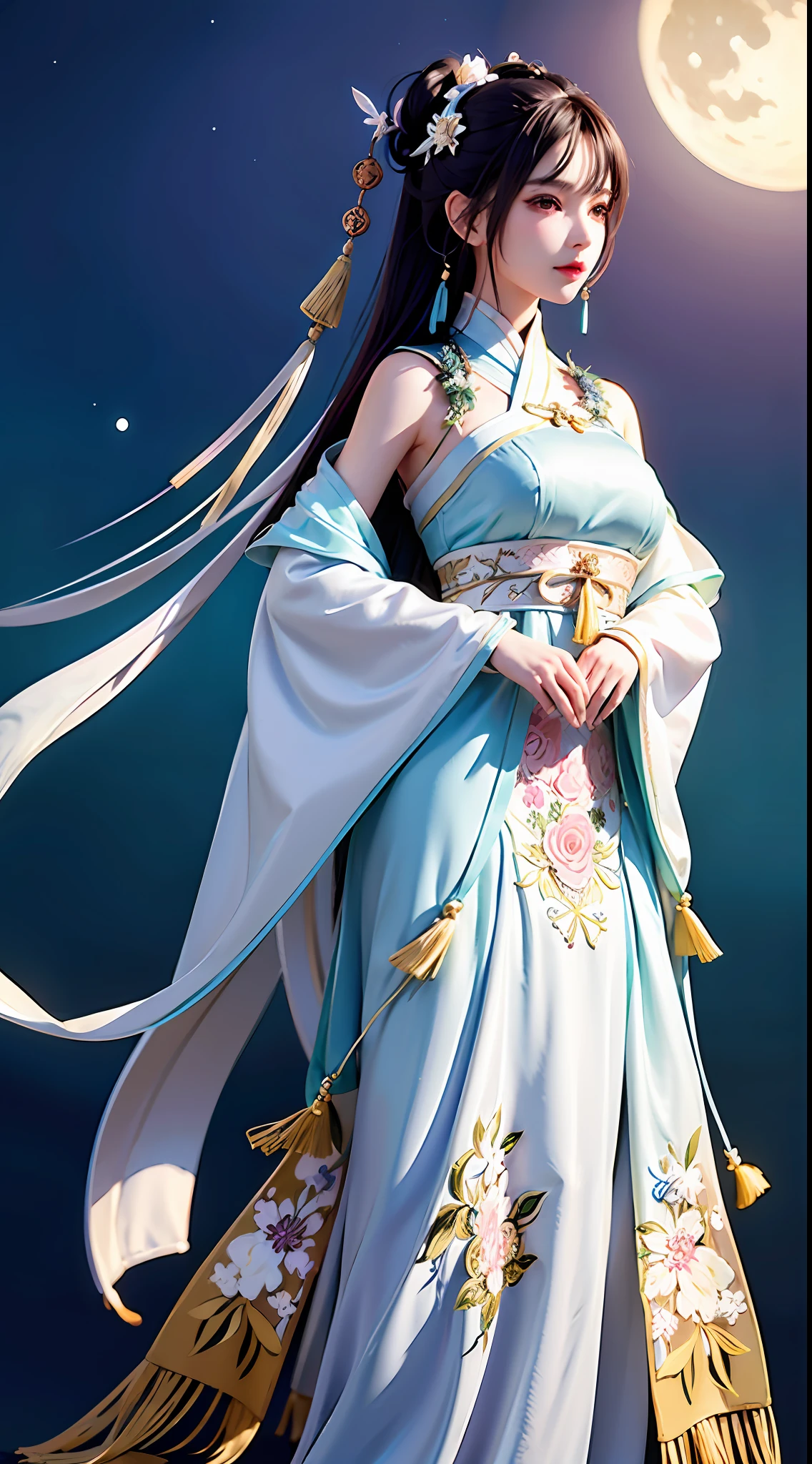 Close-up of dress on mannequin with plant background, white hanfu, cheongsam, traditional Chinese clothing, Japanese clothing, (Chinese style filter) rich details of traditional Chinese clothing, fantasy dress, flowing dress, (moon theme filter) moon theme costume with tassel details, (magic style filter) streamlined magic robe, white and teal clothes, (moth style filter) moth-like dress, flowing cherry blossom silk, magical dress