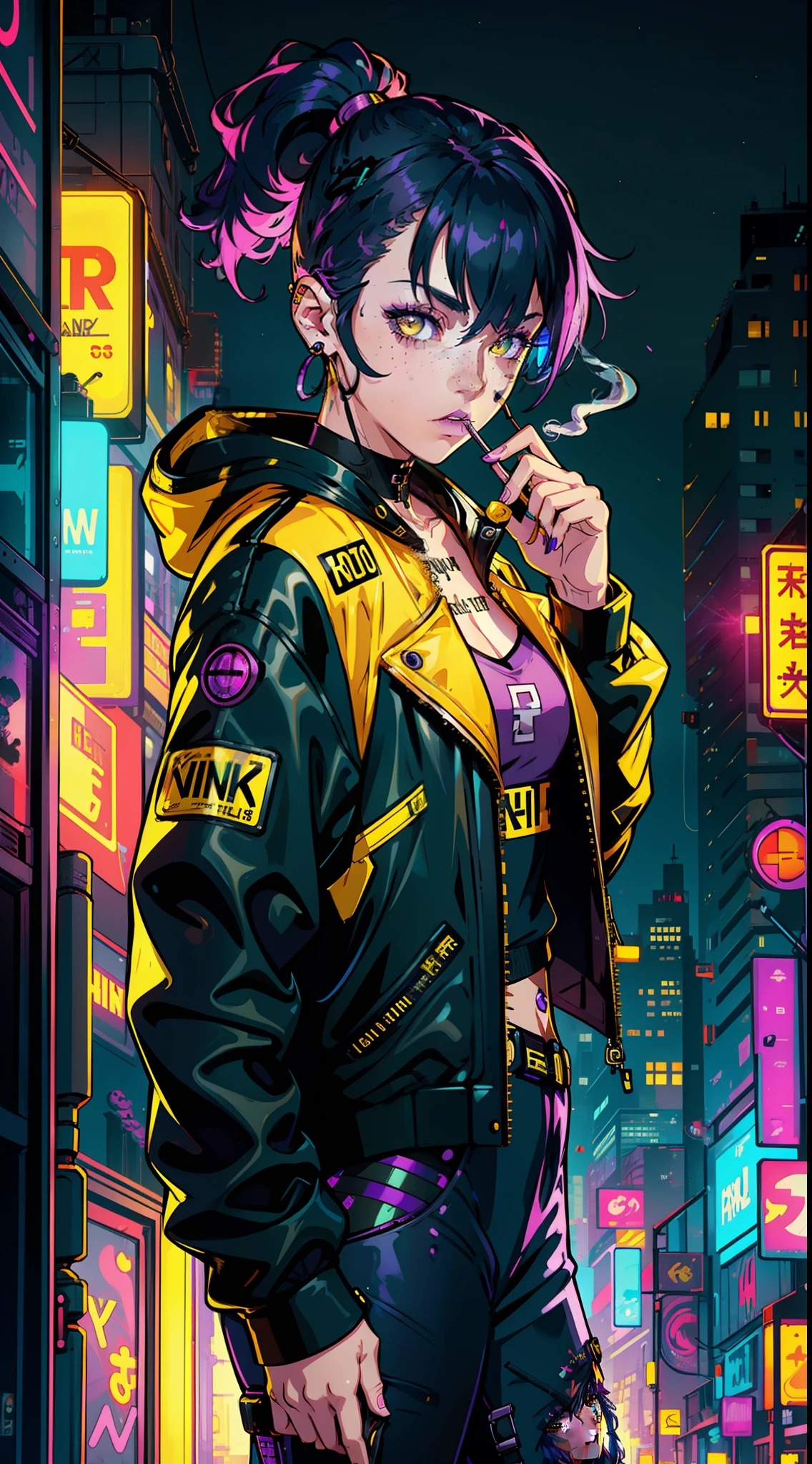 1girl,solo,colorful,yellow eyes,cyberpunk,city,peace sign,earrings,purple hair,eye patche,freckles,prothesis,mechanic,neon,beautiful lighting,purple reflection,cap,smoking,character focus,cg illustration,bust shot,yellow and black outfit,black hair,