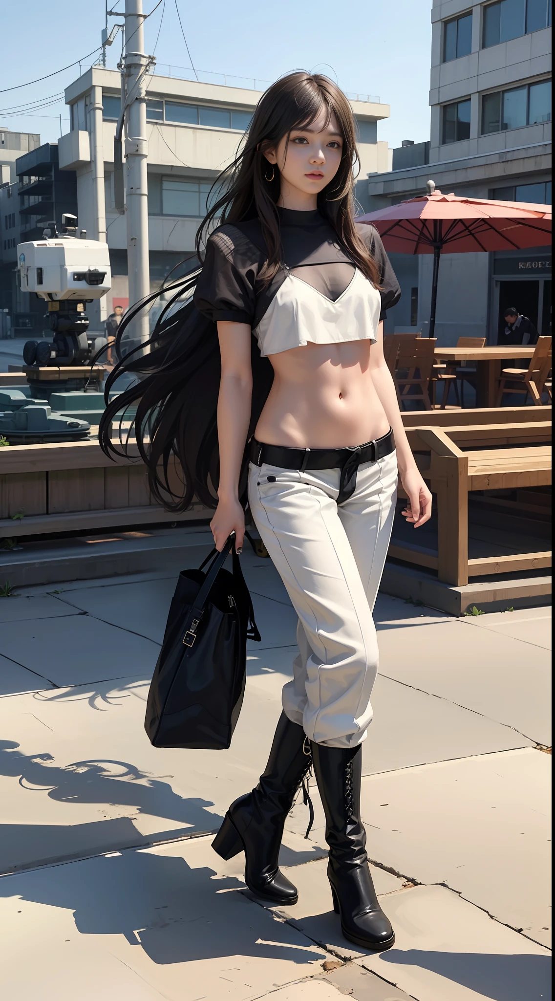 an extremely best quality, masterpiece,extremely detailed,realistic,. Walk in front of large armed robots, Beautiful and moving, Exquisite features, girl, Waste soil style, Long hair, Exposed navel outfit, Short sleeves, Trousers, Boots, Full-body photo, Bikini