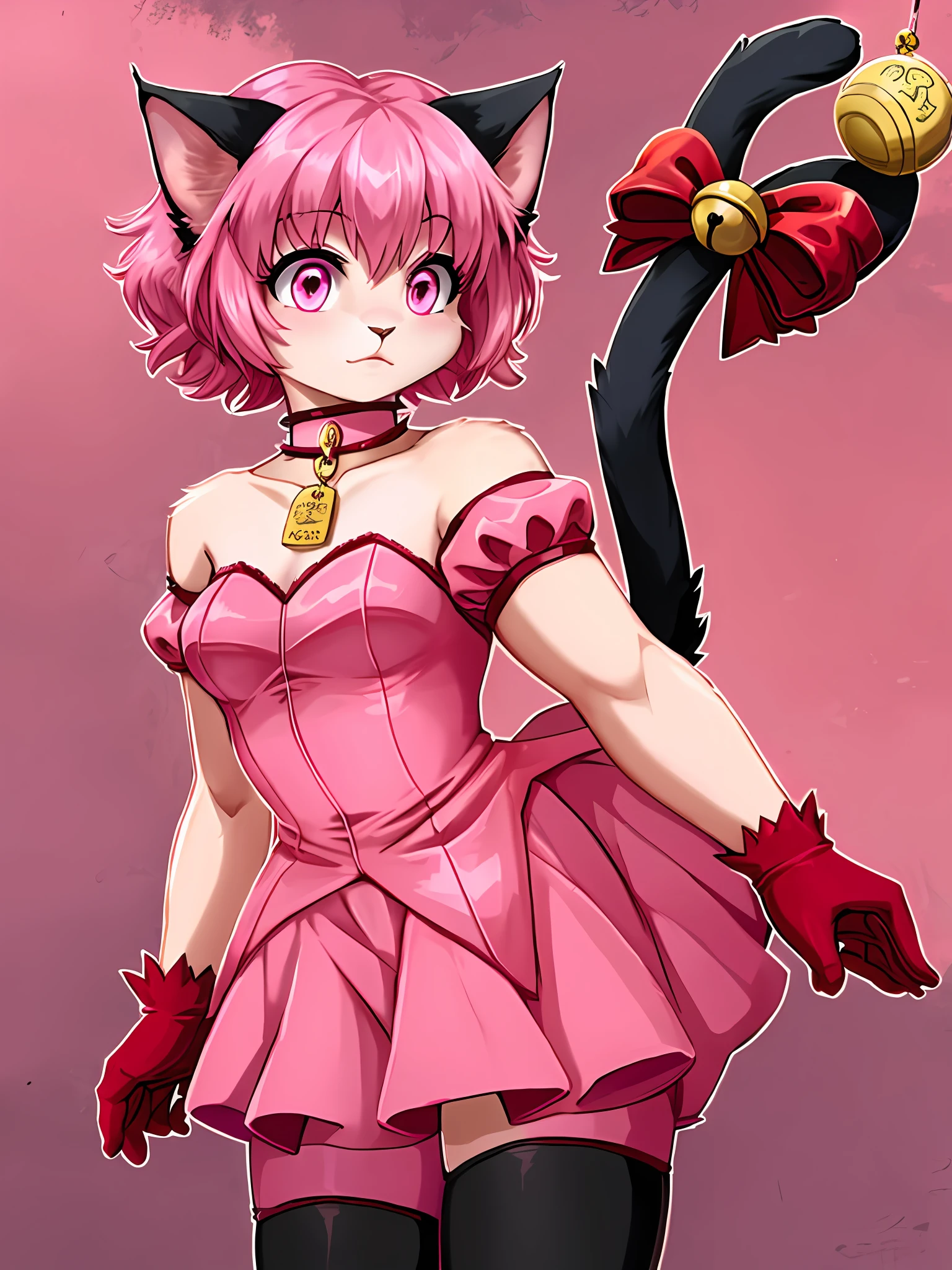 mi1, tail ornament, tail bow, gloves, cat tail, red gloves:1.3, tail bell, cat girl, choker, detached sleeves, pink dress, one girl, pink hair,