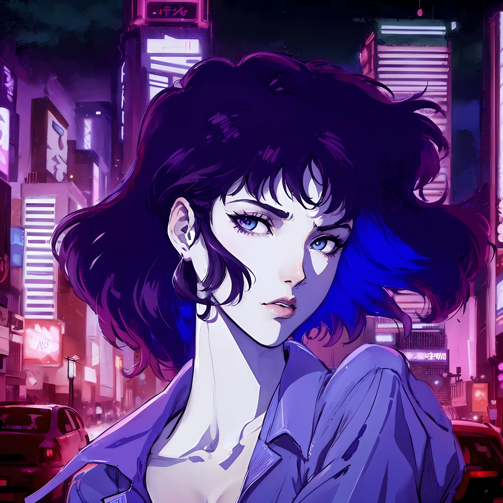 a close up of a woman with purple hair and a blue shirt, gits anime, neo tokyo, gits, in neo tokyo, in the anime ghost in the shell, neo tokyo background, 8 0 s anime vibe, neo-tokyo, neo - tokyo, modern cyberpunk anime, motoko kusanagi, faye valentine from cowboy bebop