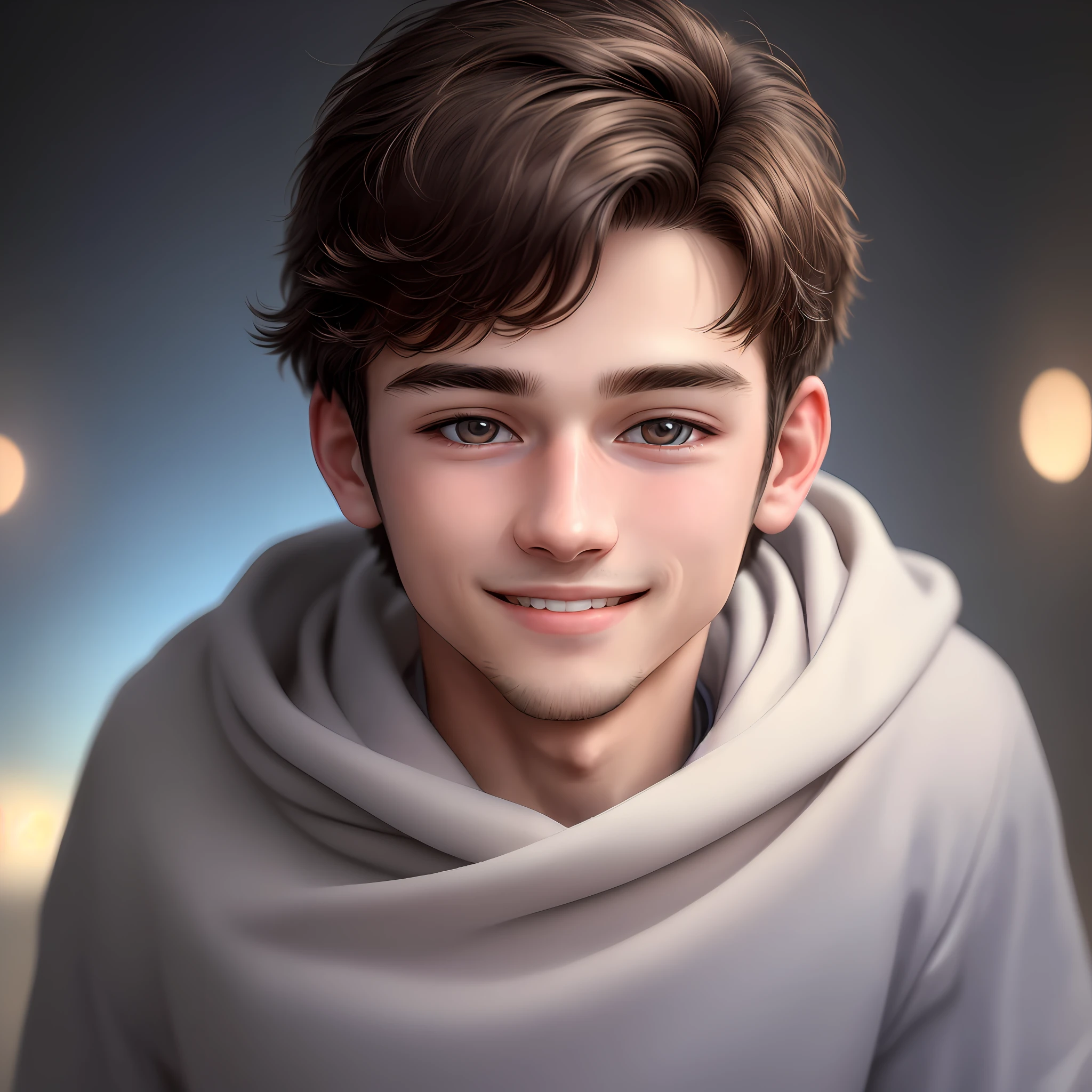 (8k, best quality, masterpiece:1.2), (realistic, photo-realistic:1.37), ultra-detailed, 1 boy, cute, solo,midnight,beautiful detailed sky,detailed standing in front of the camera ,(nose blush),(smile:1.15),(closed mouth) ,beautiful detailed eyes, short milk dark hair wearing a sky blue shirt and attractive style, one face , one body, one human, handsome boy of 20 years old full head to shoulder , smiling , dreamlike brown eyes, handsome face, empty background, studio lighting , focus on the camera , detailed face,
