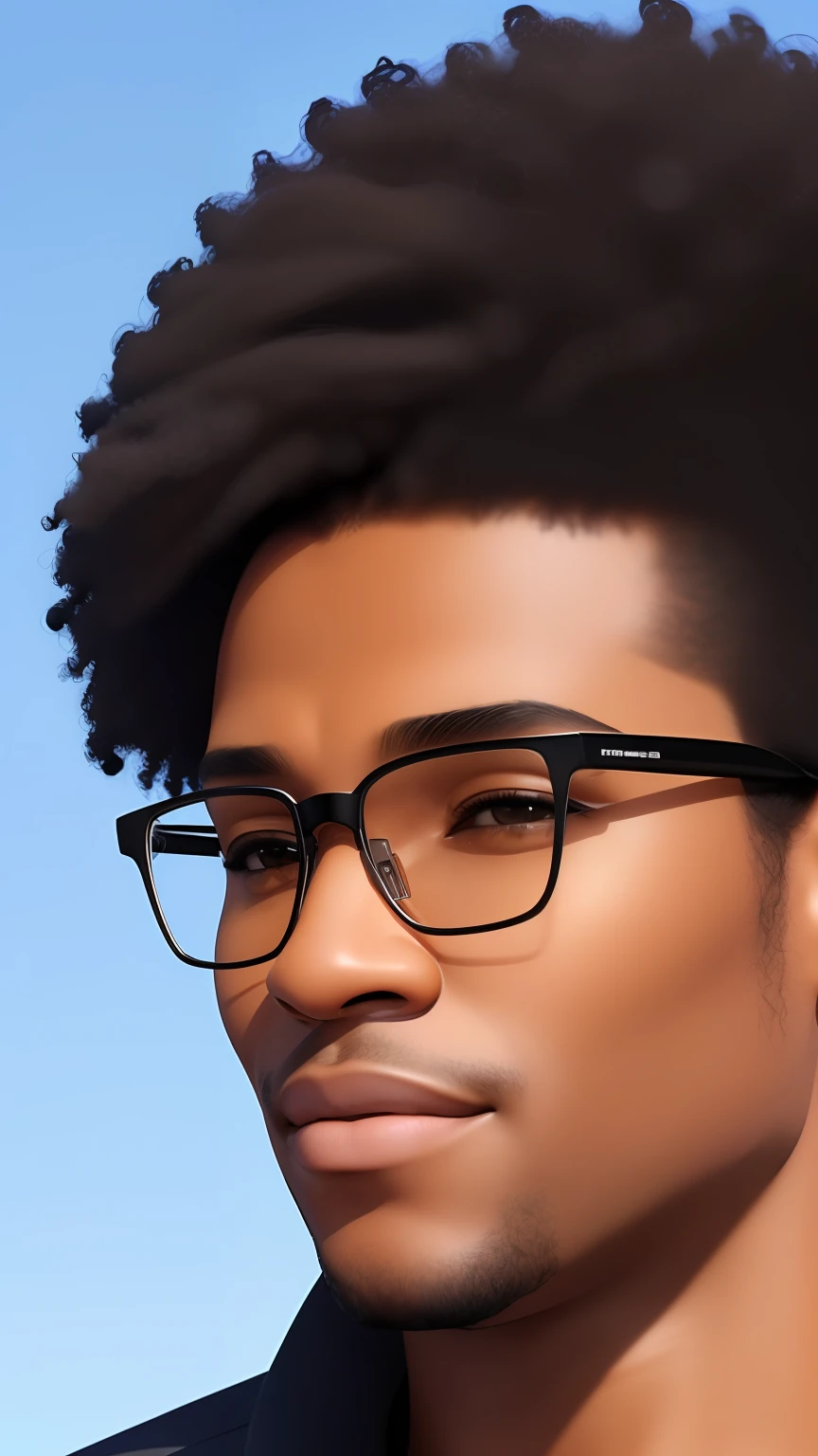 ((3D, best quality: 1.3)), ultra-detailed, SK, ((((solo))), close-up of an Afro-futuristic man, wearing social, black suit overcoat, (short hair; 1.15), (well-defined symmetrical face, expression of happiness: 1.12), transparent glasses, warm and soft luminosity, motion blur, magnificent blue sky,