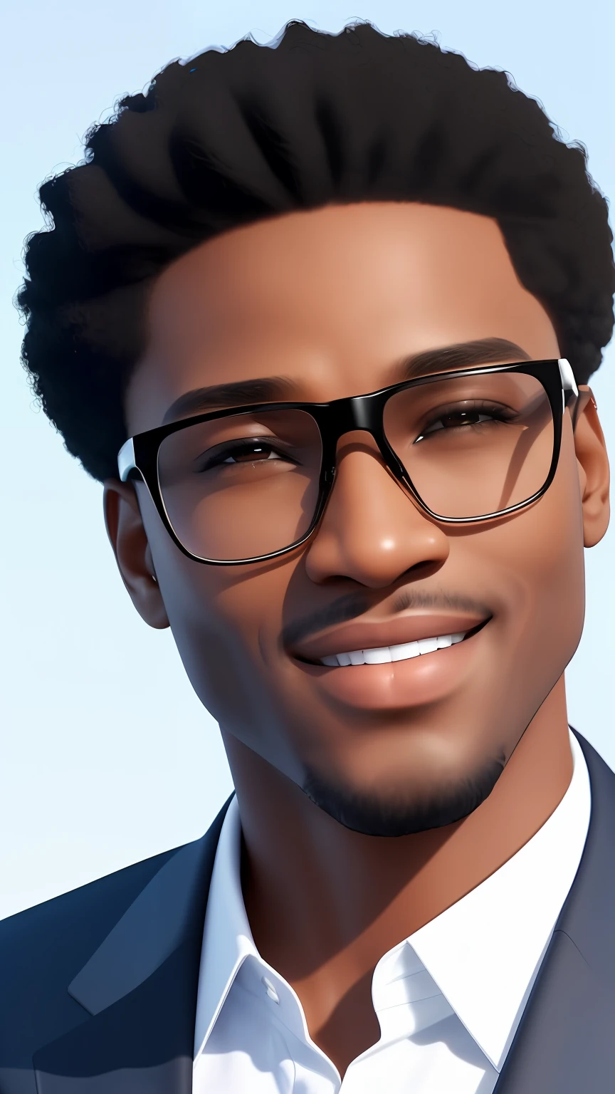 ((3D, best quality: 1.3)), ultra-detailed, SK, ((((solo))), close-up of an Afro-futuristic man, wearing social, black suit overcoat, (short hair; 1.15), (well-defined symmetrical face, expression of happiness: 1.12), transparent glasses, warm and soft luminosity, motion blur, magnificent blue sky,