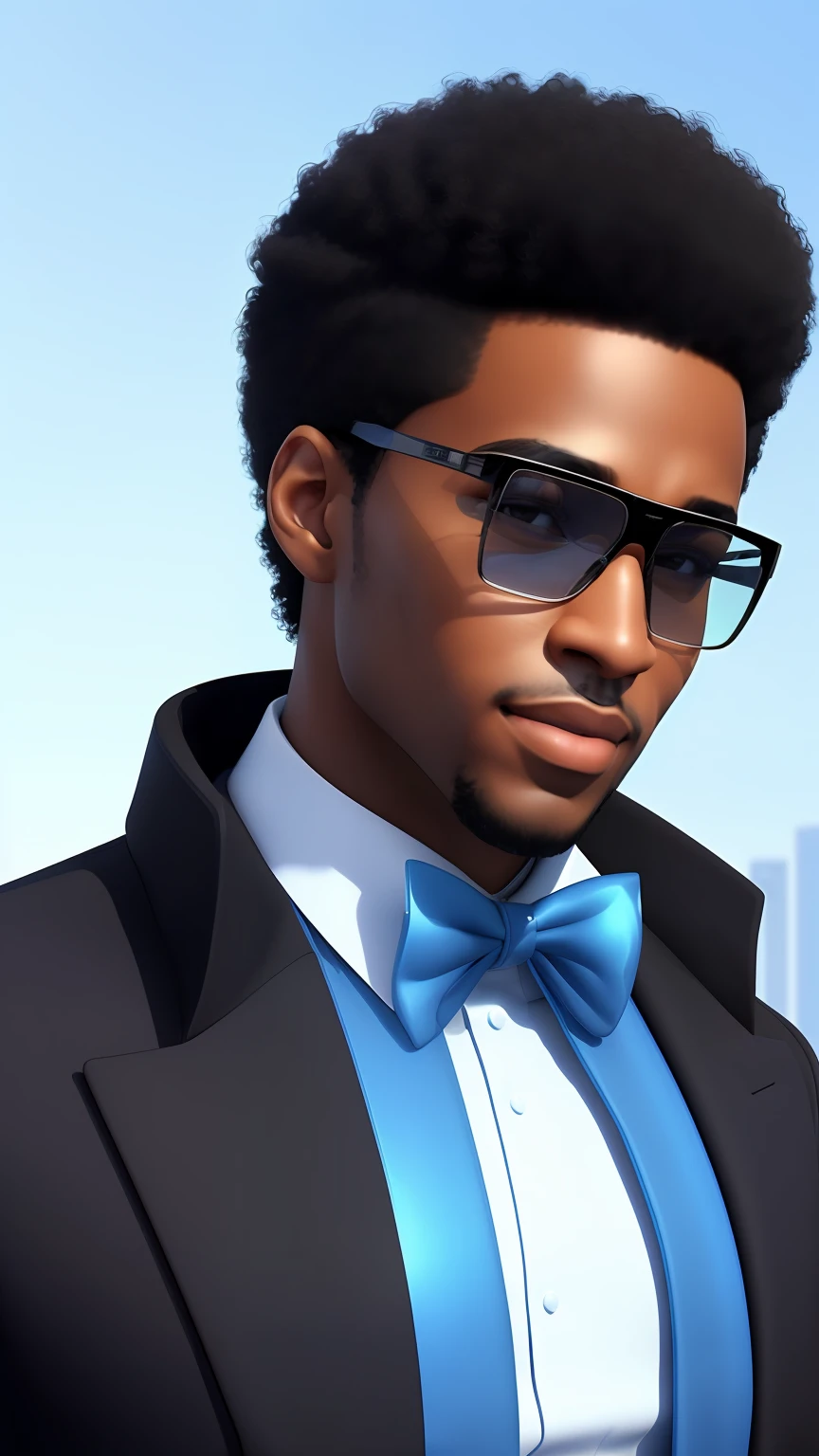 ((3D, best quality: 1.3)), ultra-detailed, SK, ((((solo))), close-up of an Afro-futuristic man, wearing social, black suit overcoat, (short hair; 1.15), (well-defined symmetrical face, expression of happiness: 1.12), transparent glasses, warm and soft luminosity, motion blur, magnificent blue sky,
