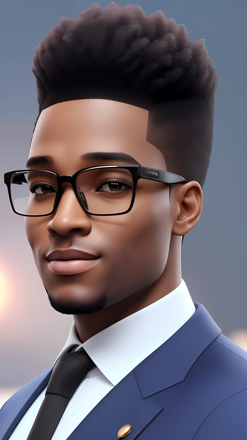((3D, best quality: 1.3)), ultra-detailed, SK, ((((solo))), close-up of an Afro-futuristic man, wearing social, black suit overcoat, (short hair; 1.15), (well-defined symmetrical face, expression of happiness: 1.12), transparent glasses, warm and soft luminosity, motion blur, magnificent blue sky,