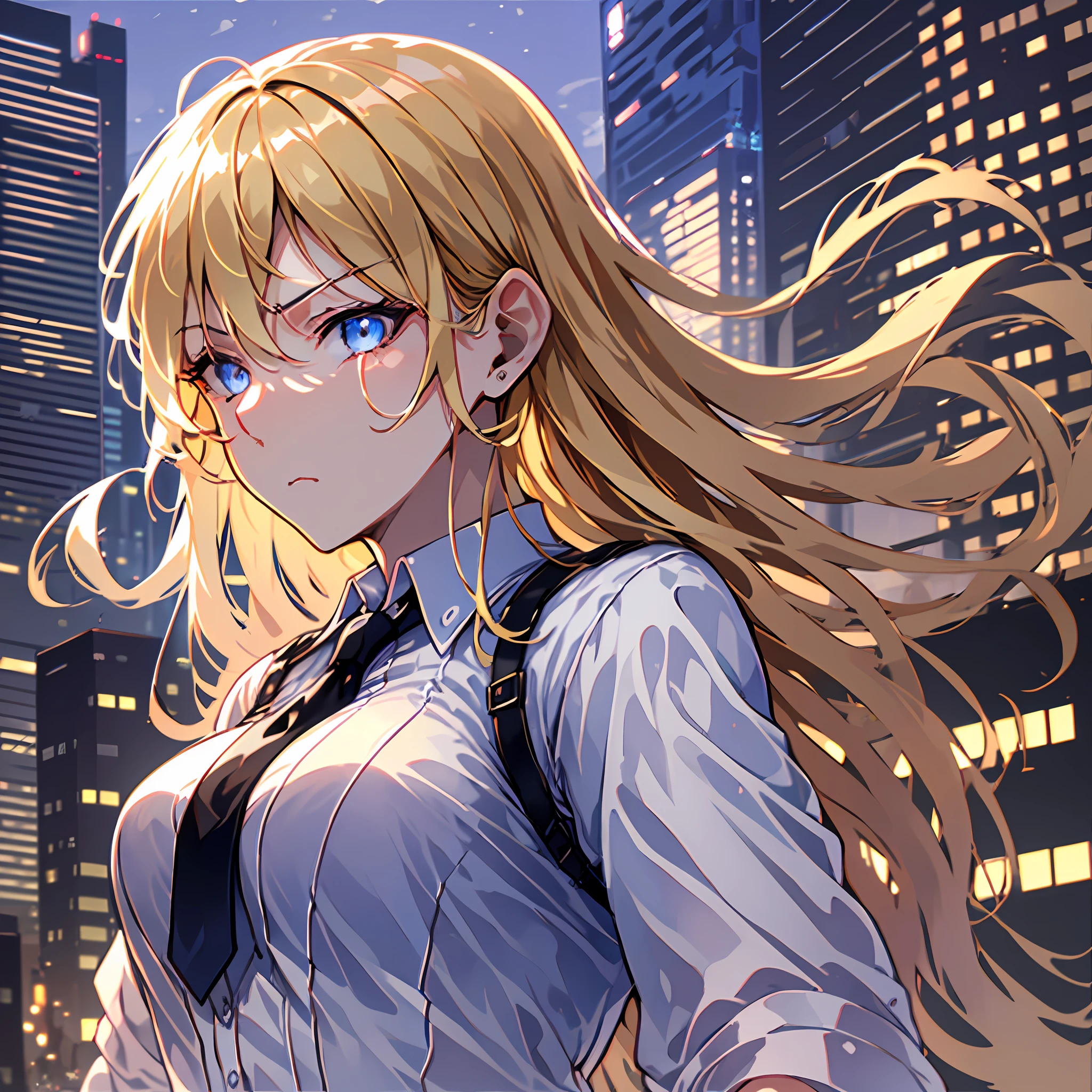 1female, adult woman, (((modern outfit))), (blonde hair), (blue eyes), (((no expression))), (straight faced), (neutral expression), (((emotionless))), cinematic angle, dramatic lighting, night, city in background, solo, beautiful detailed glow, fluttering clothes