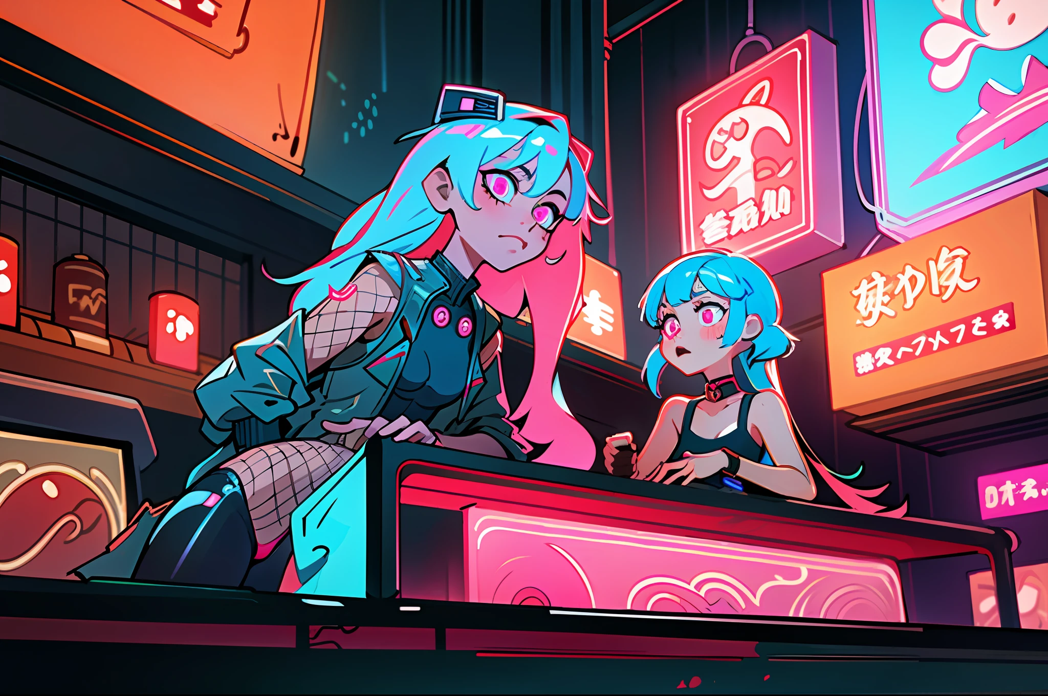 (best quality, masterpiece), 2girls, hologram, cyberpunk, neon, fog, (cartoon: 1.5), thong, tight, small, neon signs, ramen shop, fishnet stockings very low, transparent, very long hair, on piece suit, latex