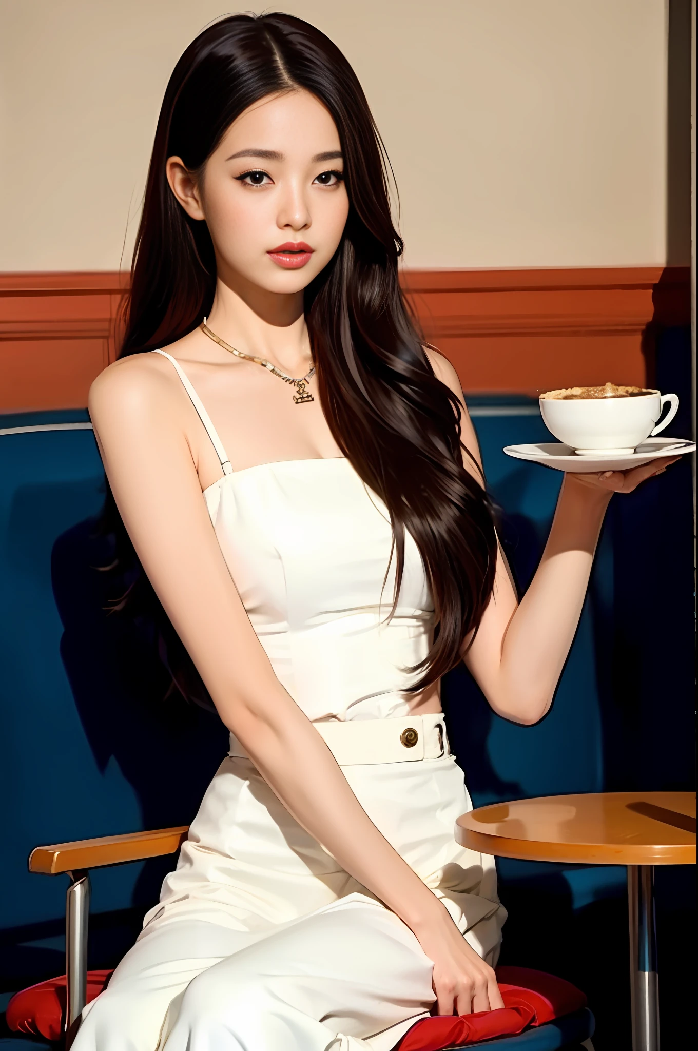 Best quality, masterpiece, very delicate beauty, cinematic footage, pretty girl, orange eye shadow, 28 years old, blue suspenders, soft light, café, coffee cup in hand, sitting position, ((bust)), afternoon