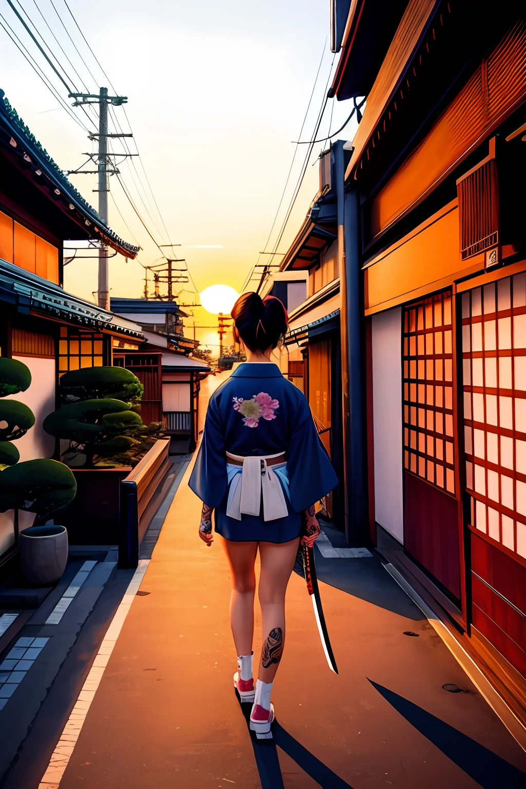 japan 80s, girl with tattoos, holding katana, busy city streets, bright sunset