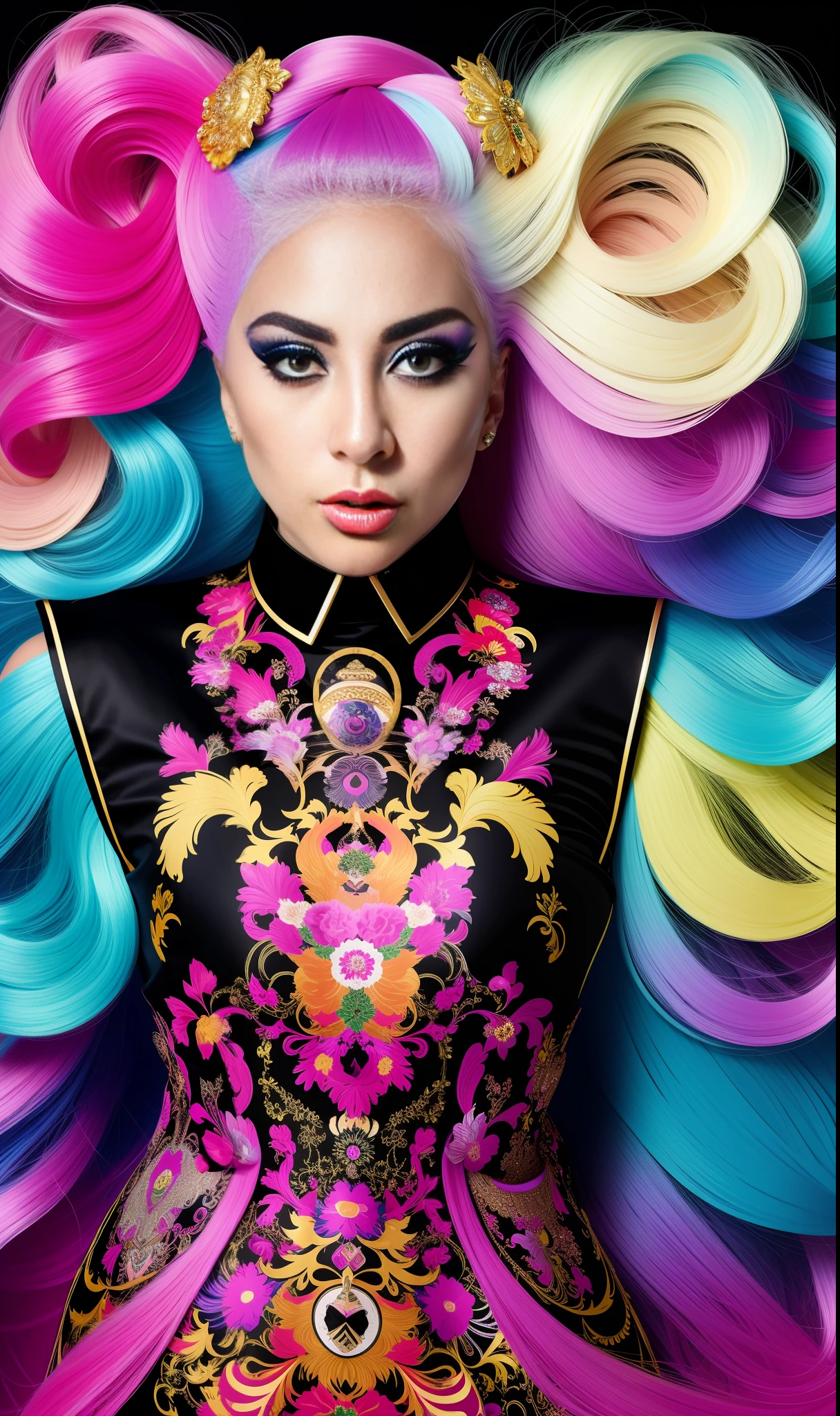 lady gaga with colorful Versace Japanese print dress, 4K texture, long hair, high quality, extravagant hairstyle, original album cover, 8k image, futuristic, high image quality, at night, hair accessories, realistic and defined face, 1.80 image quality, sharp image quality, various poses