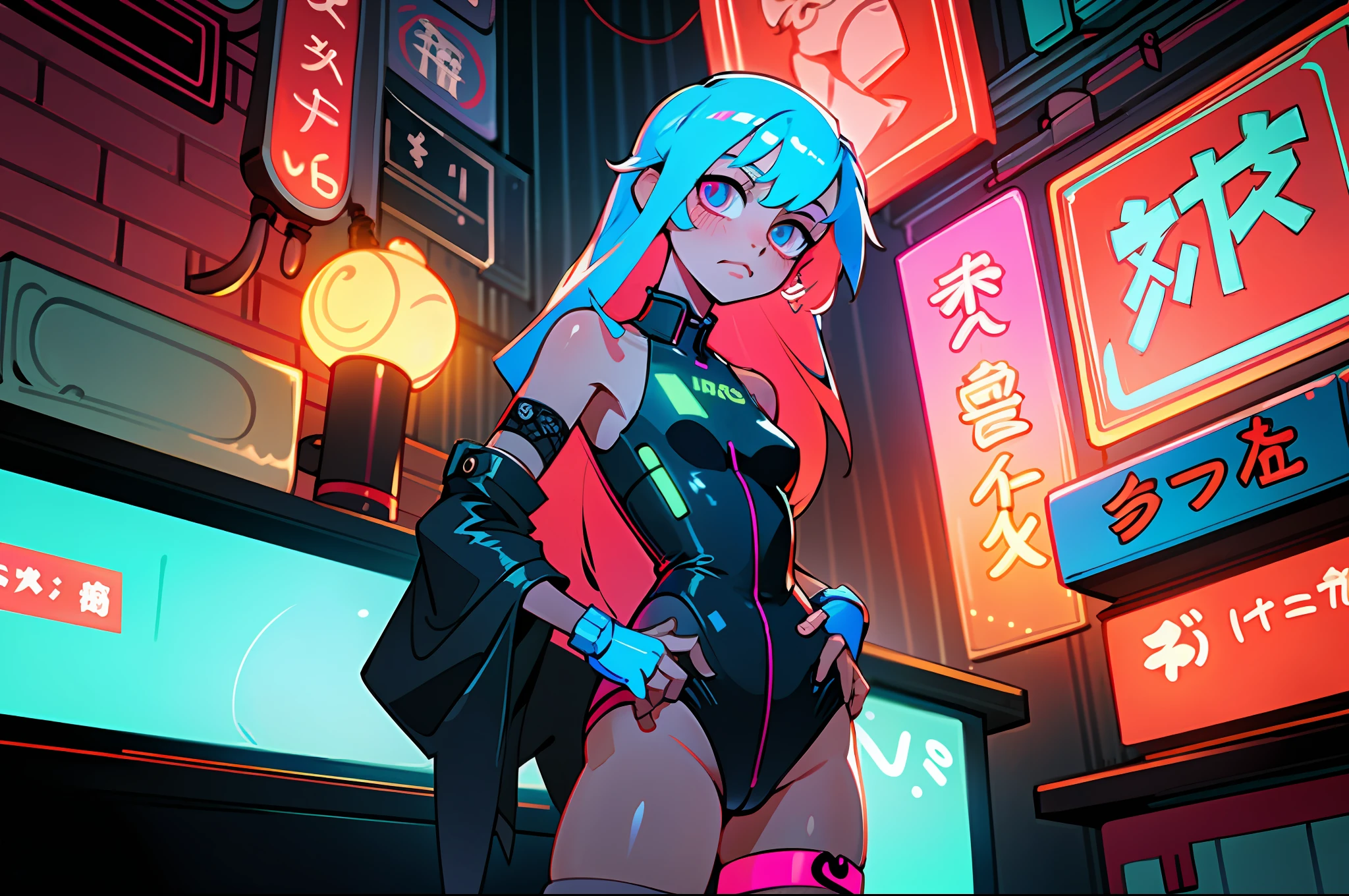(best quality, masterpiece), 2girls, hologram, cyberpunk, neon, fog, (cartoon: 1.5), thong, tight, small, neon signs, ramen shop, fishnet stockings very low, transparent, very long hair, on piece suit, latex