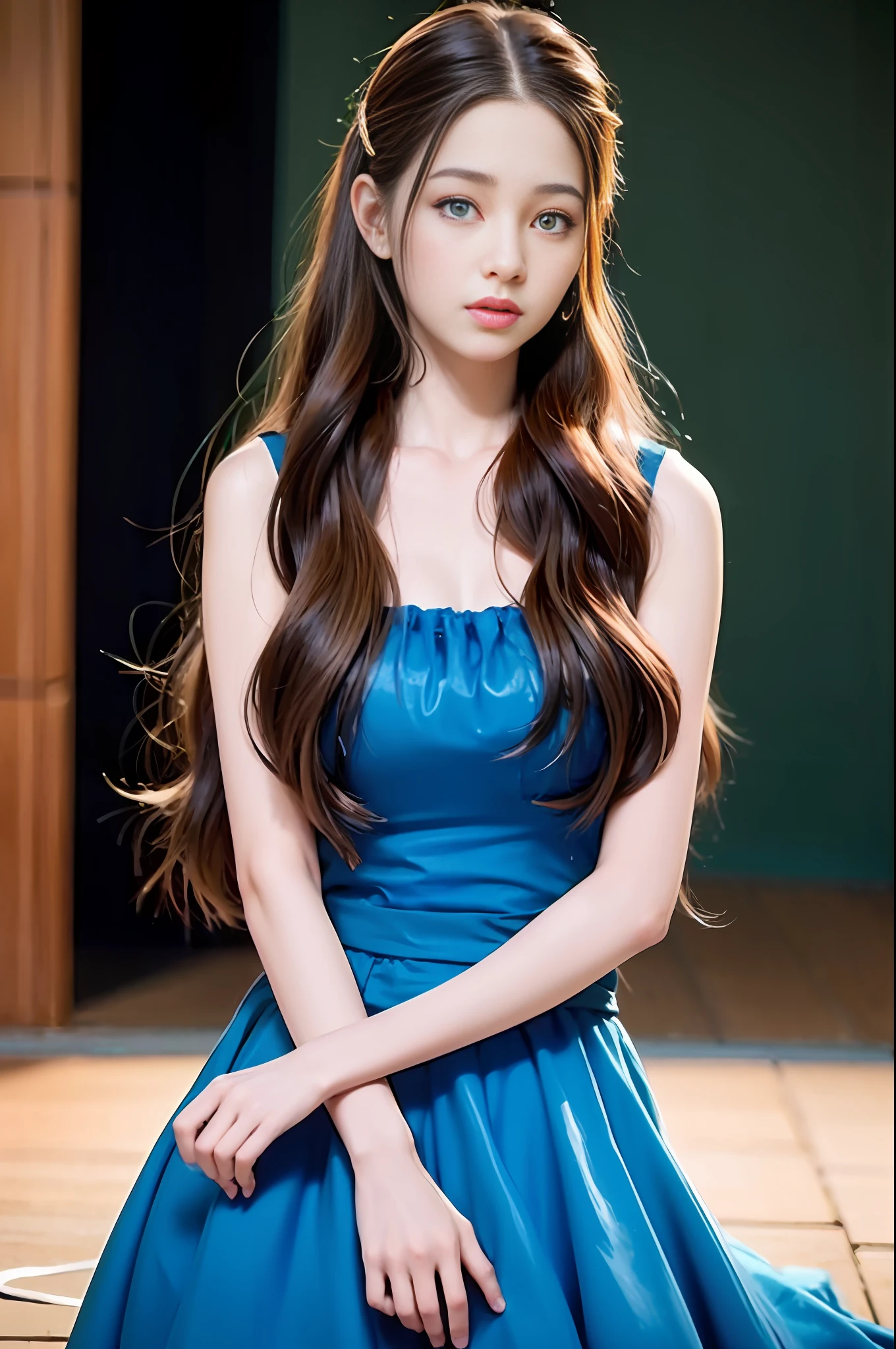front view, ((looking at the viewer)), (cinematic, best quality, UHD), ((oil painting)), ((official art)), 1girl, (blue eyes), big eyes, (dark blonde), straight long hair, smooth long bangs, shy, leathery, ((delicate light green dress)), small breasts, upper body, profile, inside the hut, detailed face, extremely detailed eyes