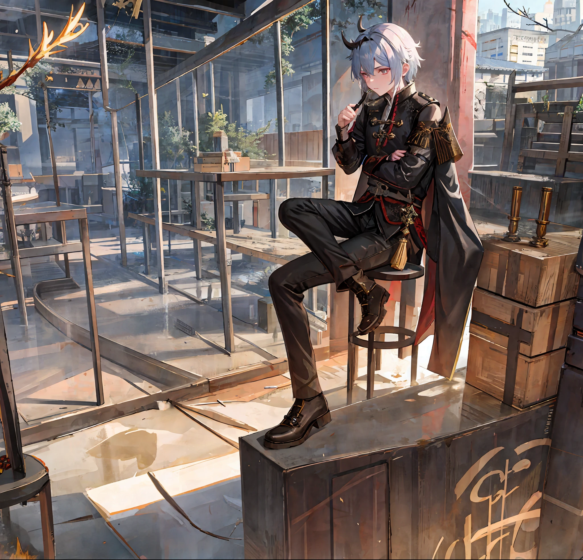 Young man, silver hair, dragon horns, itto genshin impact, black pants, leather coat, dragon tail, fire, monk, D&D, tattoos on his arms, holding a club with golden thorns, sitting on some wreckage of a destroyed city