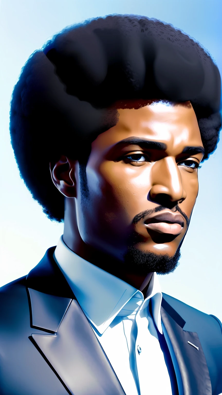 ((3D, best quality: 1.3)), ultra-detailed, SK, ((((solo))), close-up of an Afro-futuristic man, wearing social, black suit overcoat, (short hair; 1.15), (well-defined symmetrical face, expression of sadness: 1.12), warm and soft luminosity, blur of movement, magnificent blue sky,
