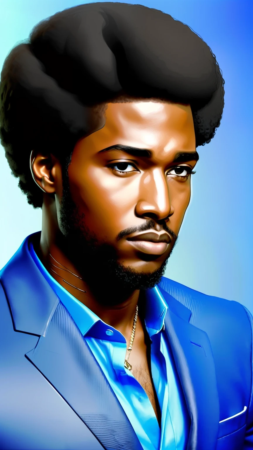 ((3D, best quality: 1.3)), ultra-detailed, SK, ((((solo))), close-up of an Afro-futuristic man, wearing social, black suit overcoat, (short hair; 1.15), (well-defined symmetrical face, expression of sadness: 1.12), warm and soft luminosity, blur of movement, magnificent blue sky,