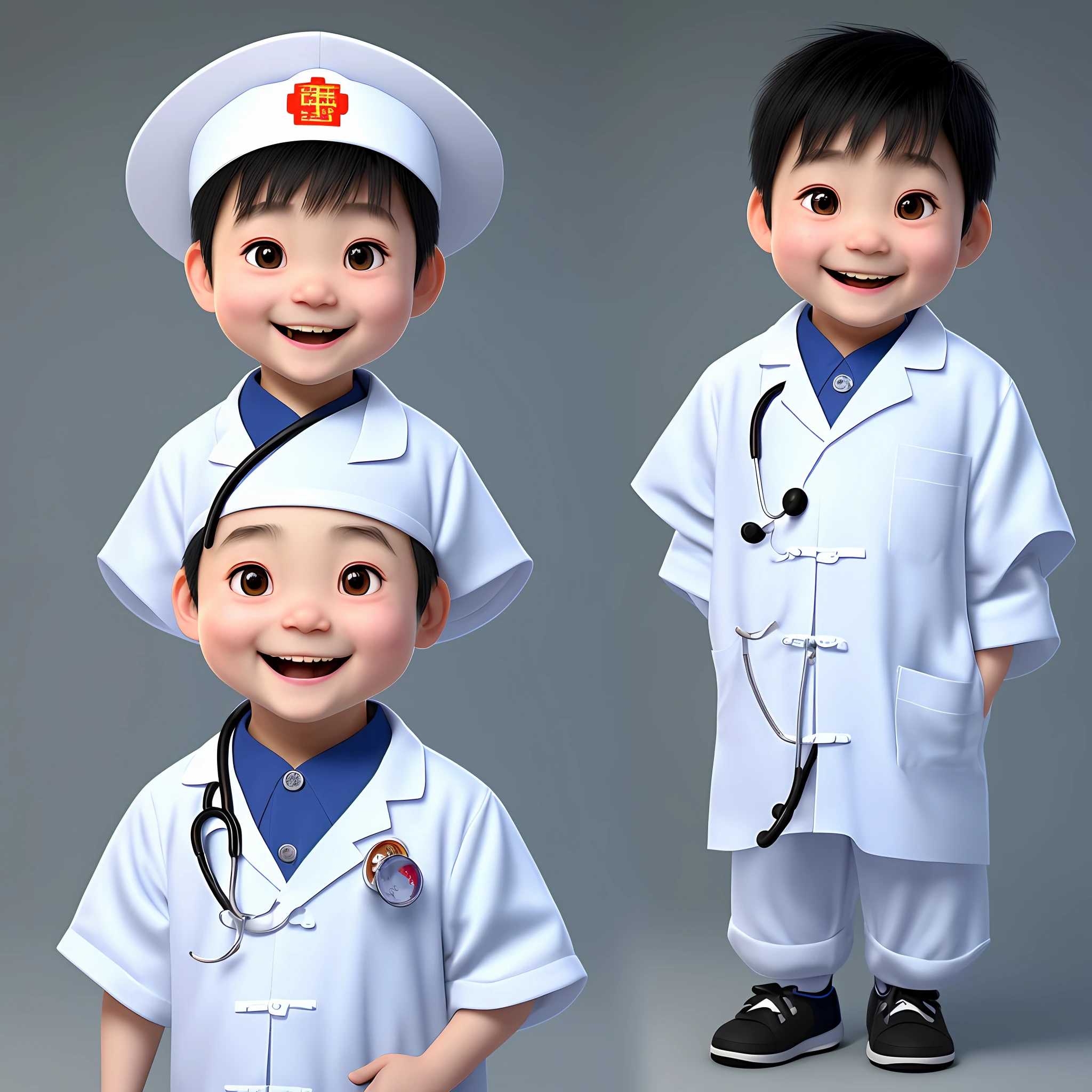 (A Chinese boy: 1.3, Doctor: 1.2, Smile: 1.2), Moe, Pixar animation style, 3D model, best rendering, best light and shadow effect, pure white background.