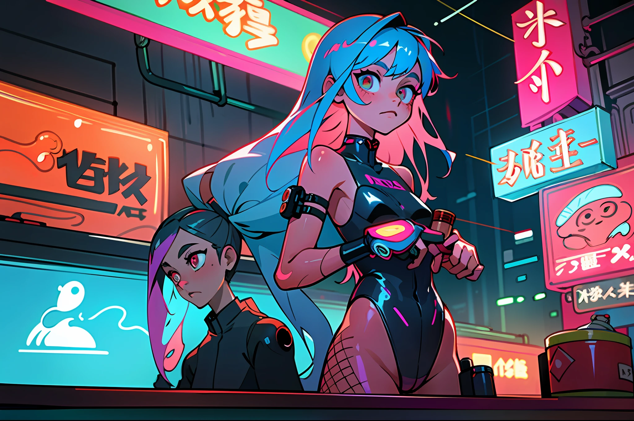 (best quality, masterpiece), 2girls, hologram, cyberpunk, neon, fog, (cartoon: 1.5), thong, tight, small, neon signs, ramen shop, fishnet stockings very low, transparent, very long hair, on piece suit, latex