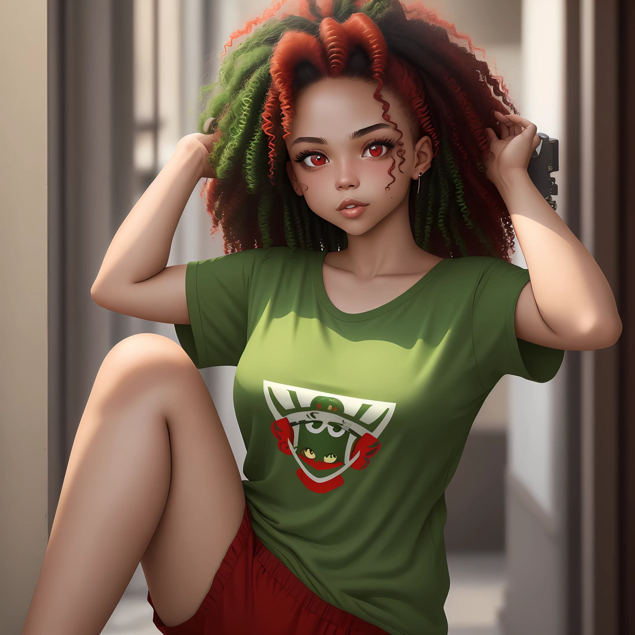 A 23-year-old girl with mulatto skin, intense red eyes, curly green hair, red T-shirt.