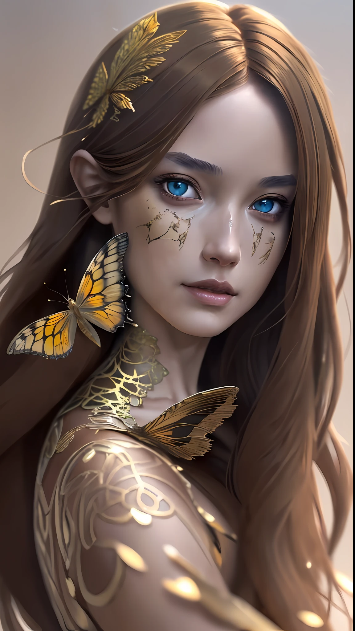 8k portrait of beautiful cyborg with brown hair, intricate, elegant, highly detailed, majestic, digital photography, art by artgerm and ruan jia and greg rutkowski surreal painting gold butterfly filigree, broken glass, (masterpiece, sidelighting, finely detailed beautiful eyes: 1.2), hdr,