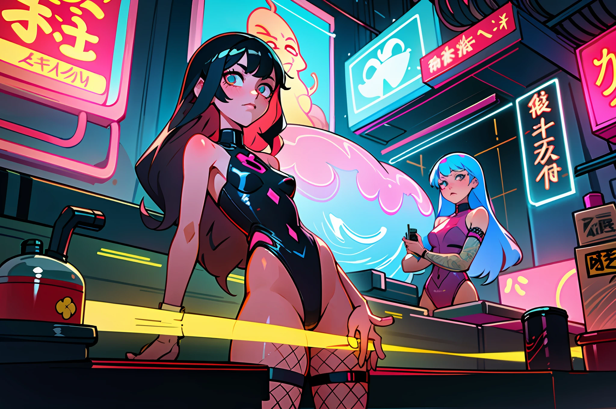 (best quality, masterpiece), 2girls, hologram, cyberpunk, neon, fog, (cartoon: 1.5), thong, tight, small, neon signs, ramen shop, fishnet stockings very low, transparent, very long hair, on piece suit, latex