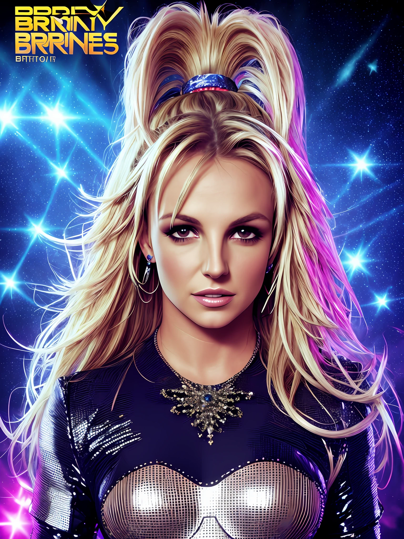BRITNEY SPEARS photo, 4K texture, high quality, gorgeous hairstyle, original album cover, rockstar outfit, 8k picture, futuristic, high image quality, at night