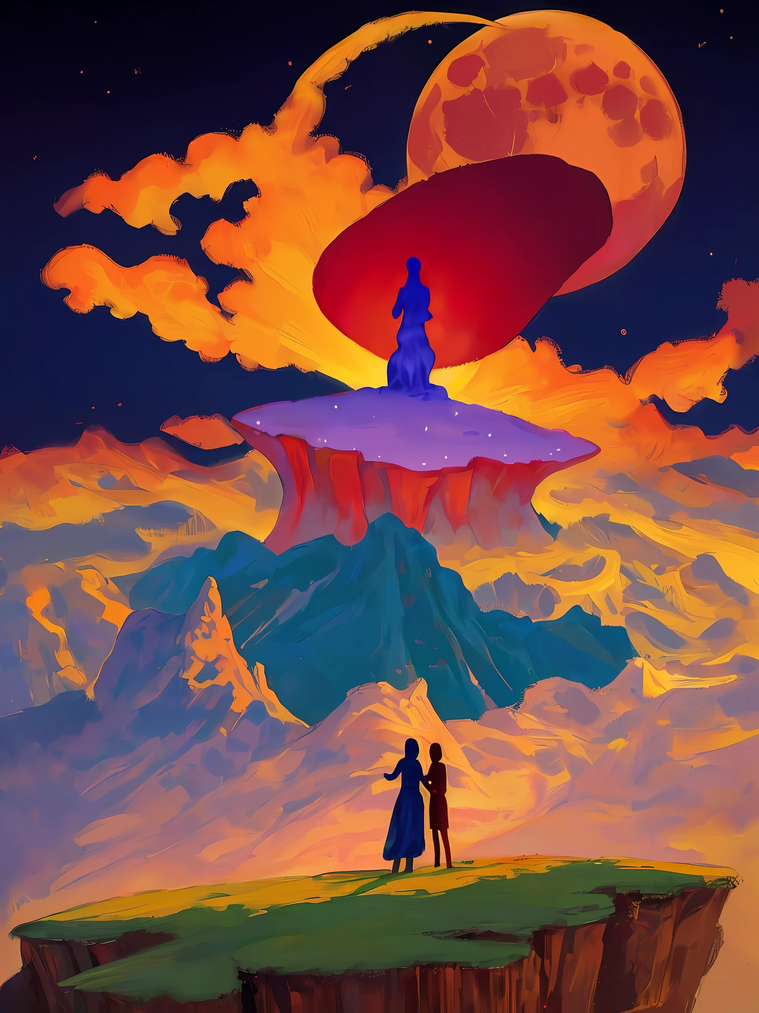 a painting of two people standing on top of a hill doing a ritual of spirit with a giant moon in the background and a night illuminated by the stars by Moebius Jean Giraud