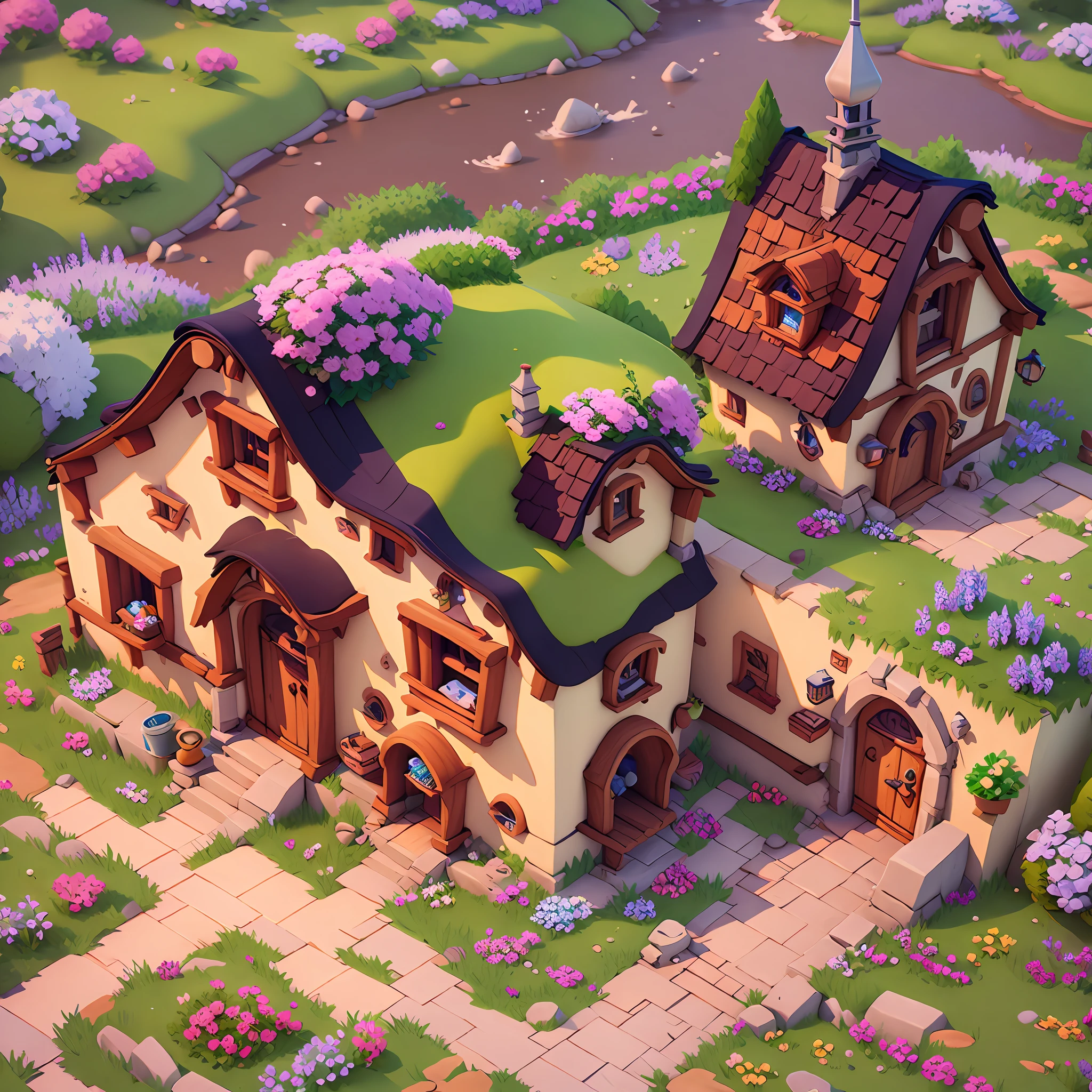 Game architectural design, cartoon, town, stone, brick, meadow, river, flowers, casual game style, 3d, blender, masterpiece, super detail, best quality