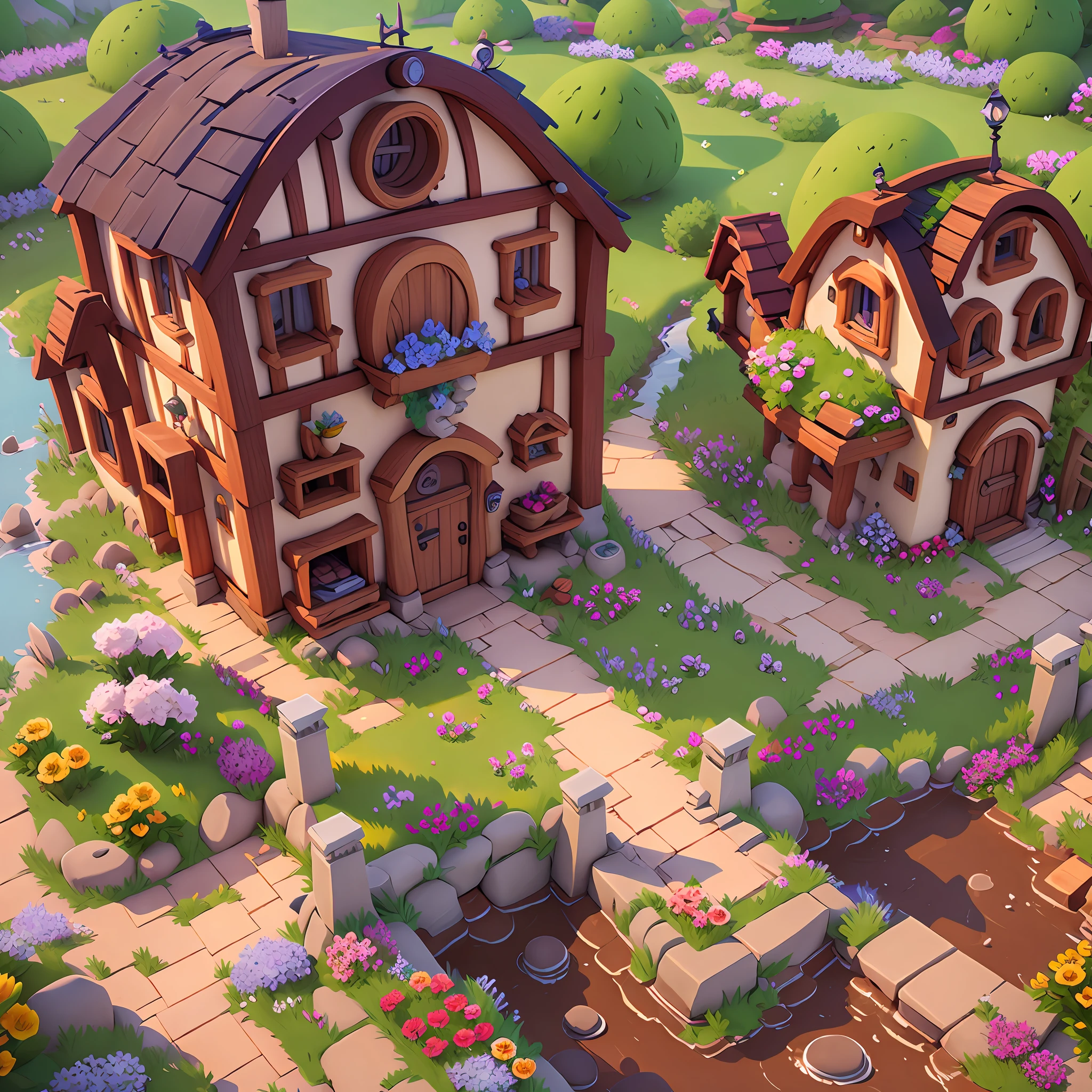 Game architectural design, cartoon, town, stone, brick, meadow, river, flowers, casual game style, 3d, blender, masterpiece, super detail, best quality